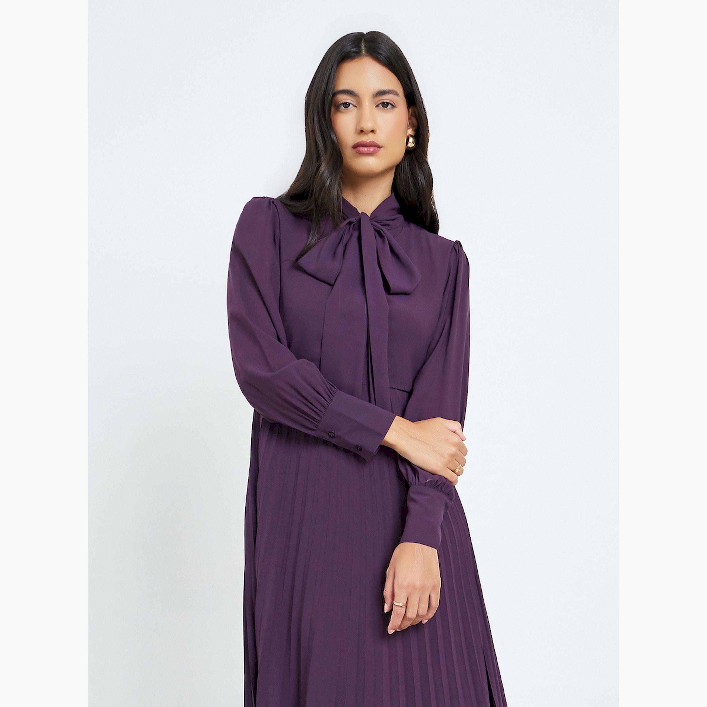 فستان ماكسي بكسرات وربطة أنشوطة-women-clothing-dresses-image-2