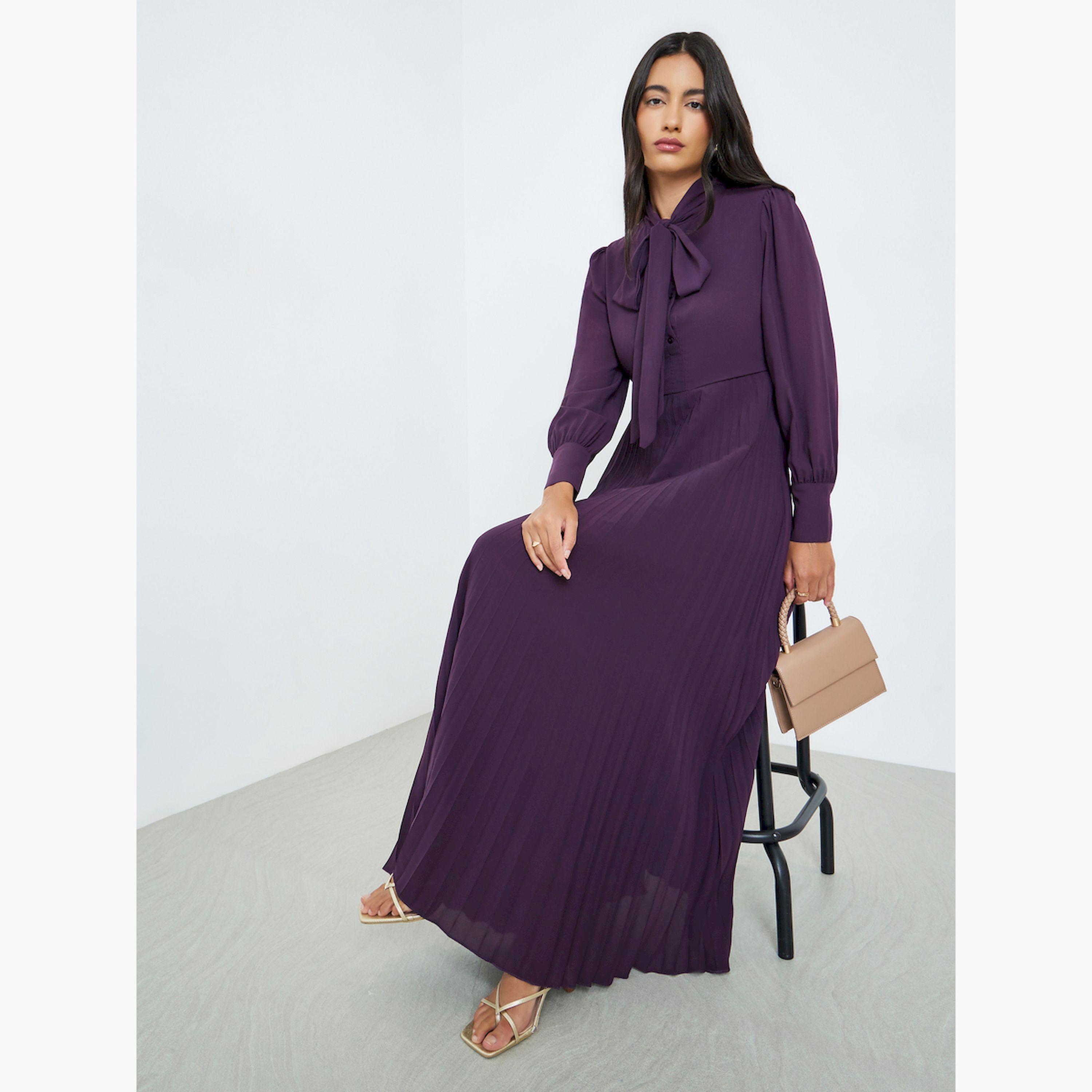 فستان ماكسي بكسرات وربطة أنشوطة-women-clothing-dresses-image-3