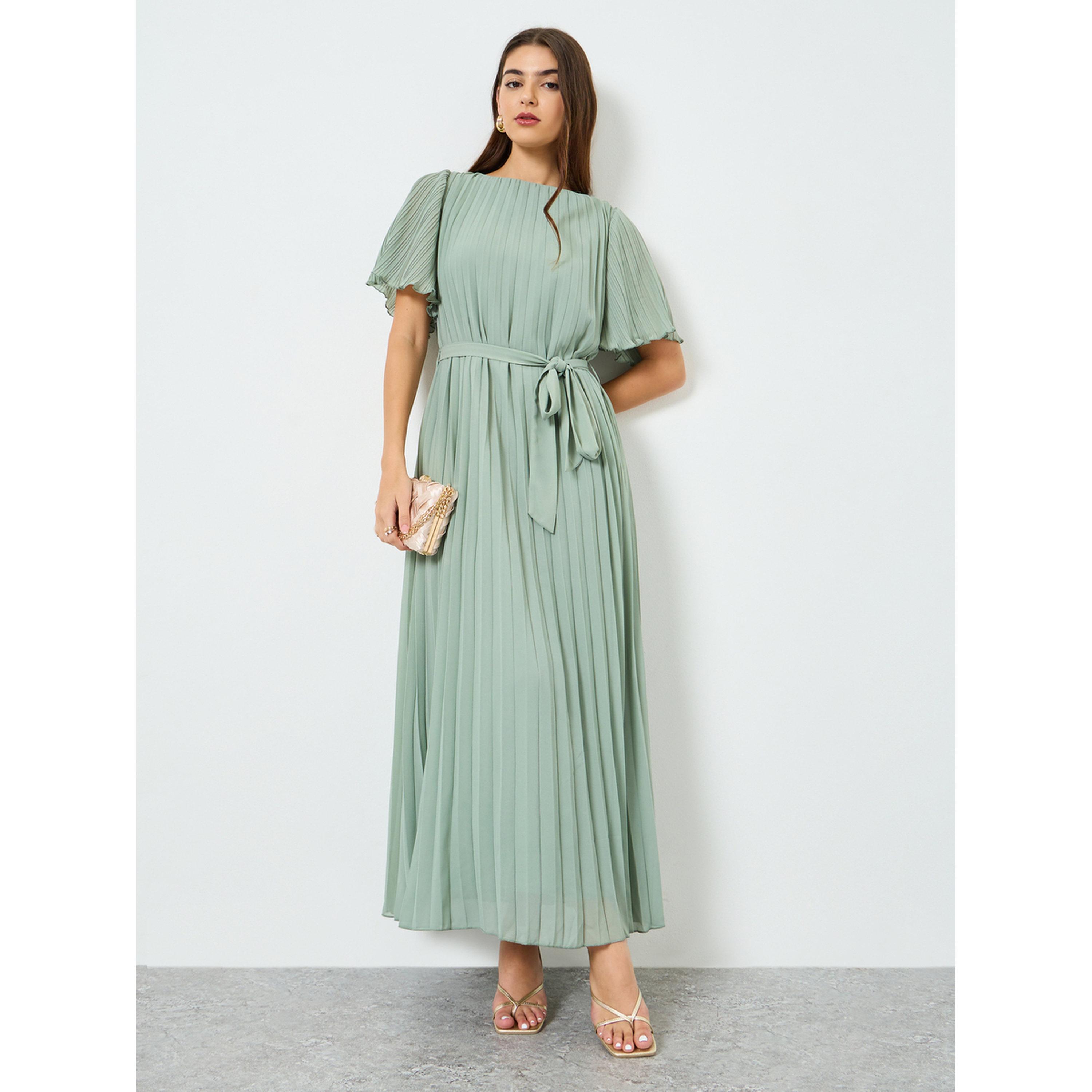 فستان أخضر طويل بكسرات وحزام-women-clothing-dresses-image-1