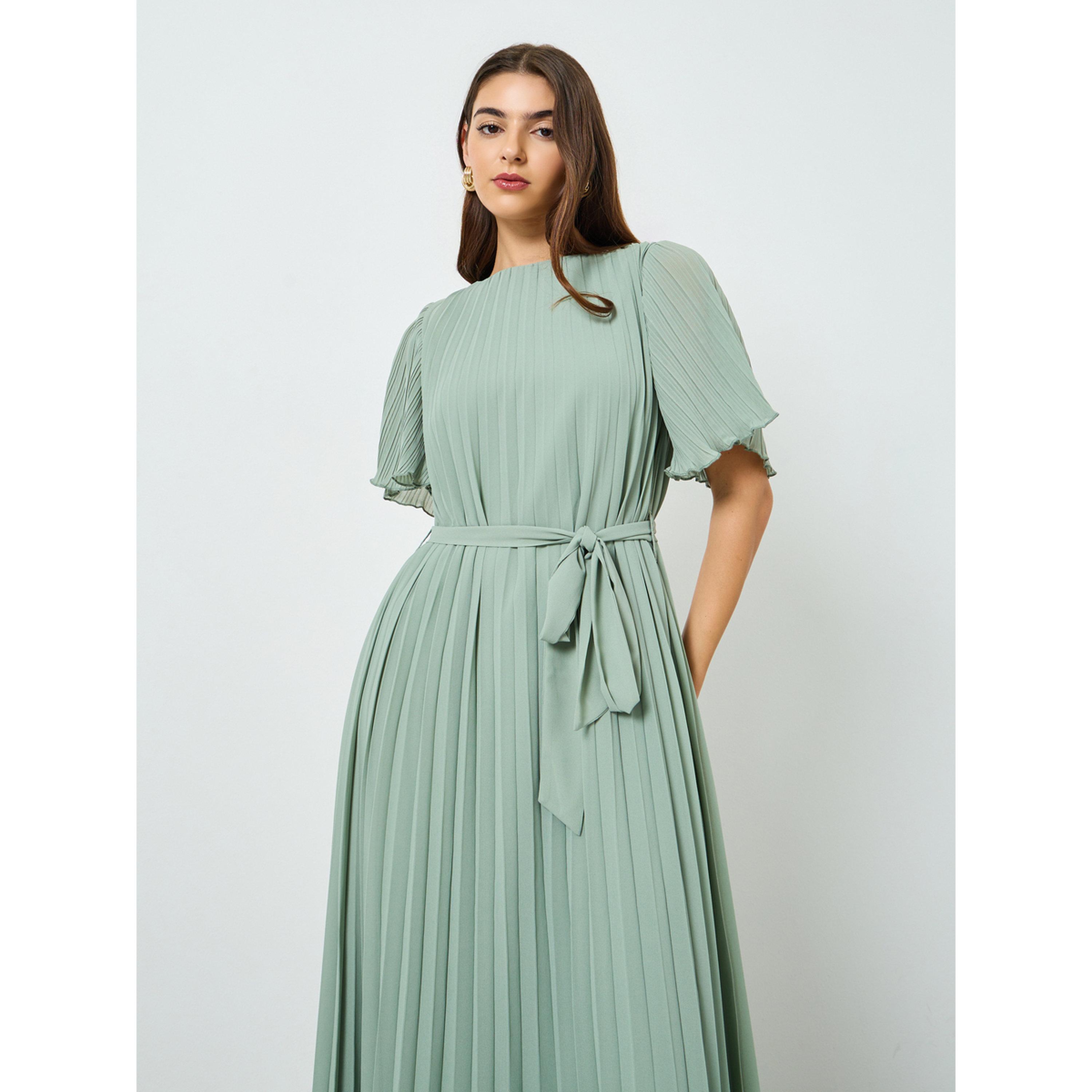 فستان أخضر طويل بكسرات وحزام-women-clothing-dresses-image-2
