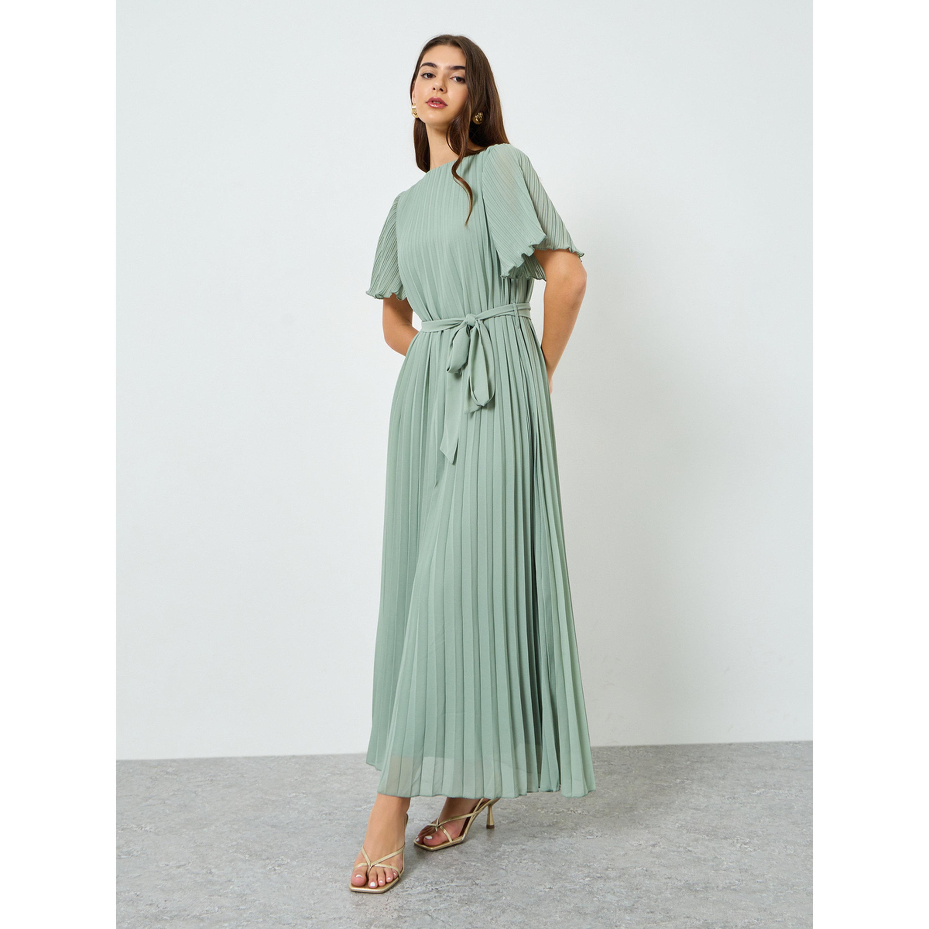 فستان أخضر طويل بكسرات وحزام-women-clothing-dresses-image-3