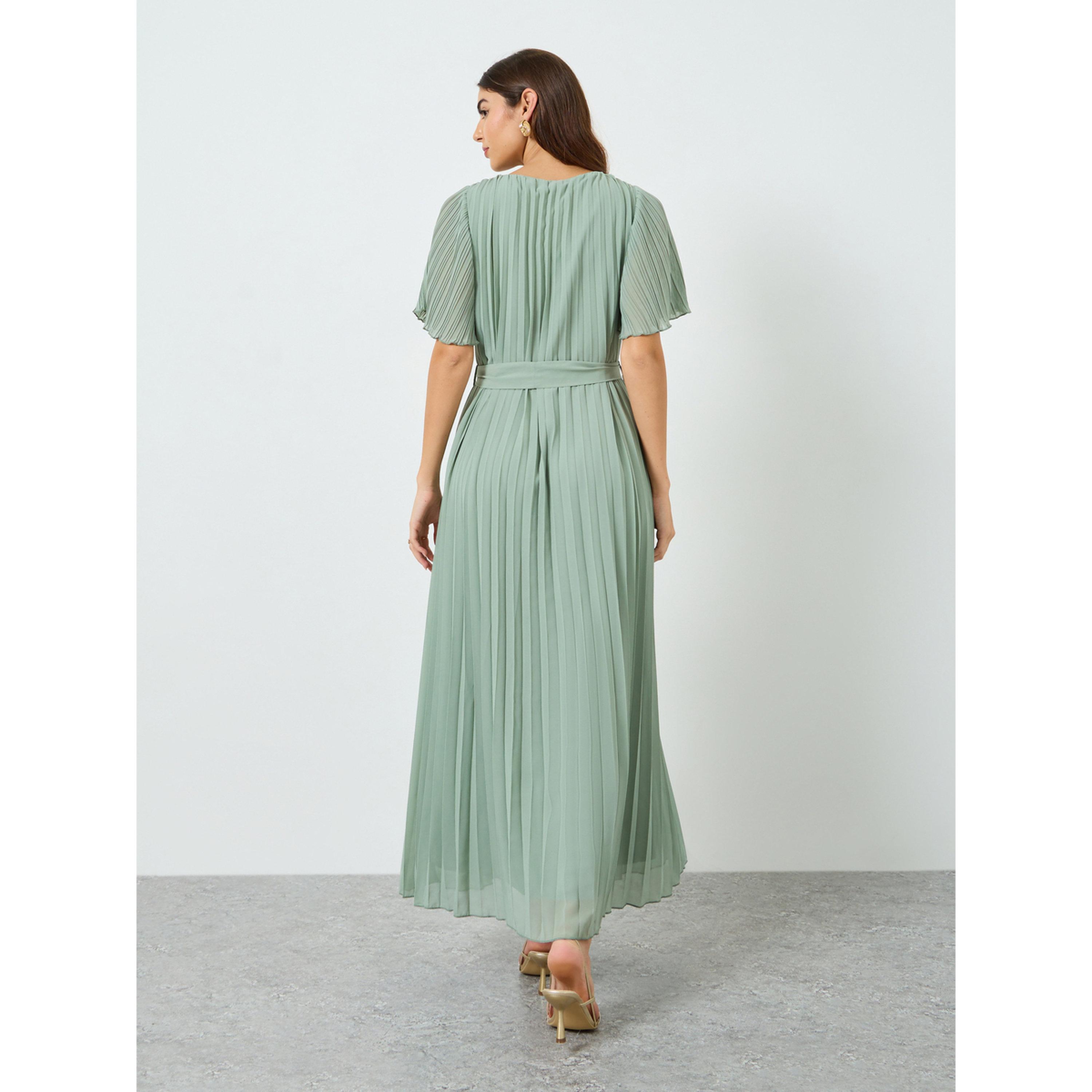 Styli Women Pleated Maxi Dress with Tie-Belt-women-clothing-dresses-image-4