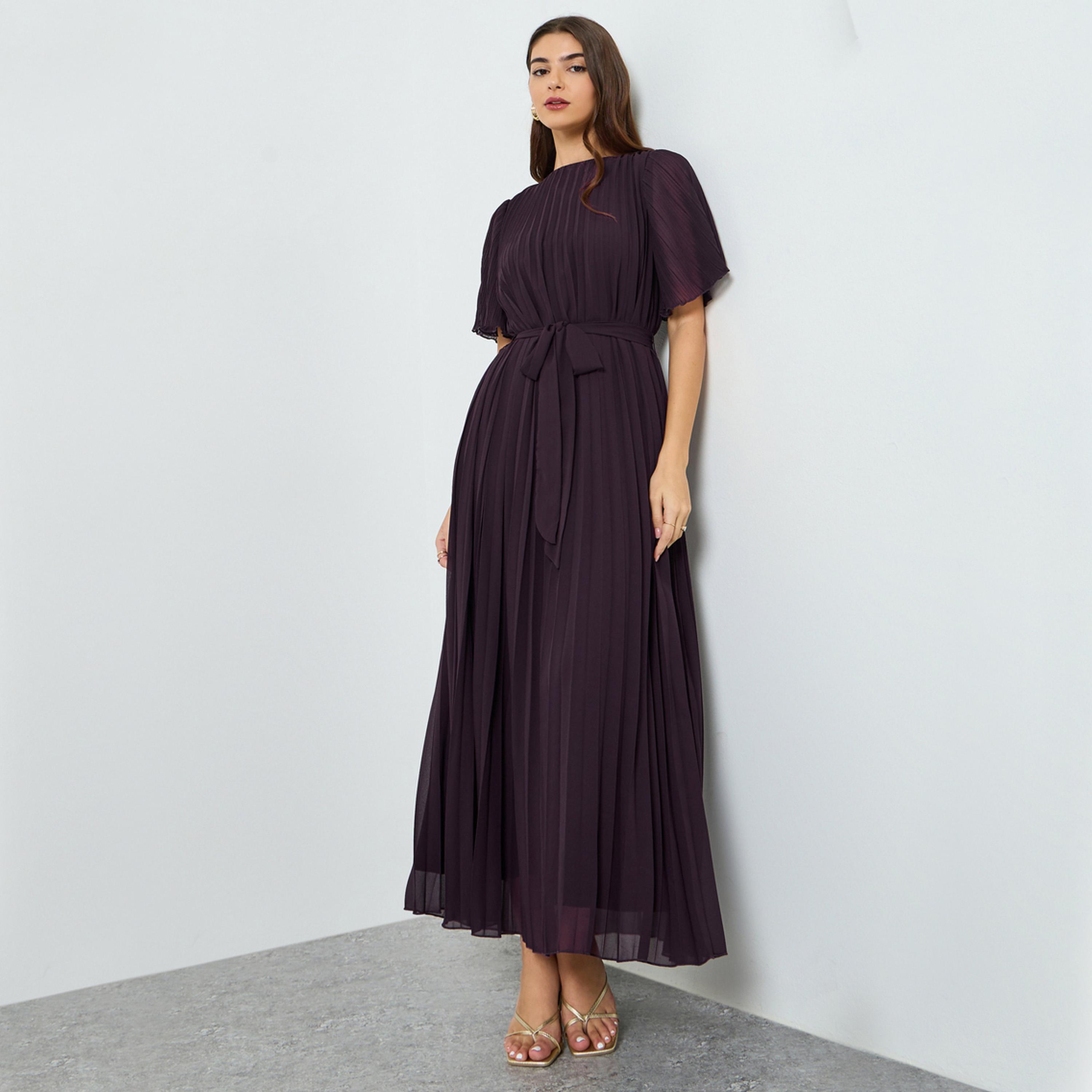 فستان طويل بكسرات ورباط-women-clothing-dresses-image-1