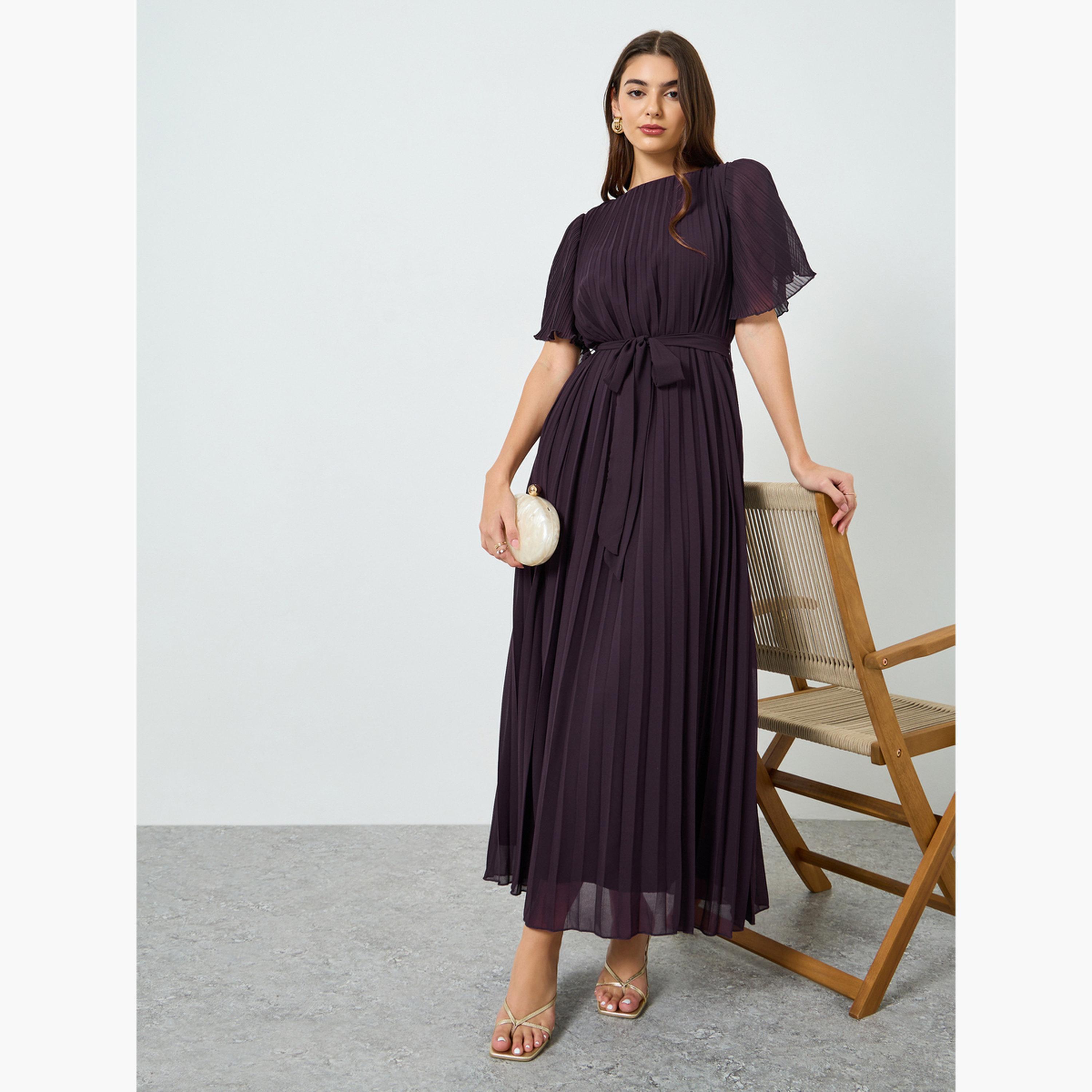Styli Women Pleated Maxi Dress with Tie-Belt-women-clothing-dresses-image-2