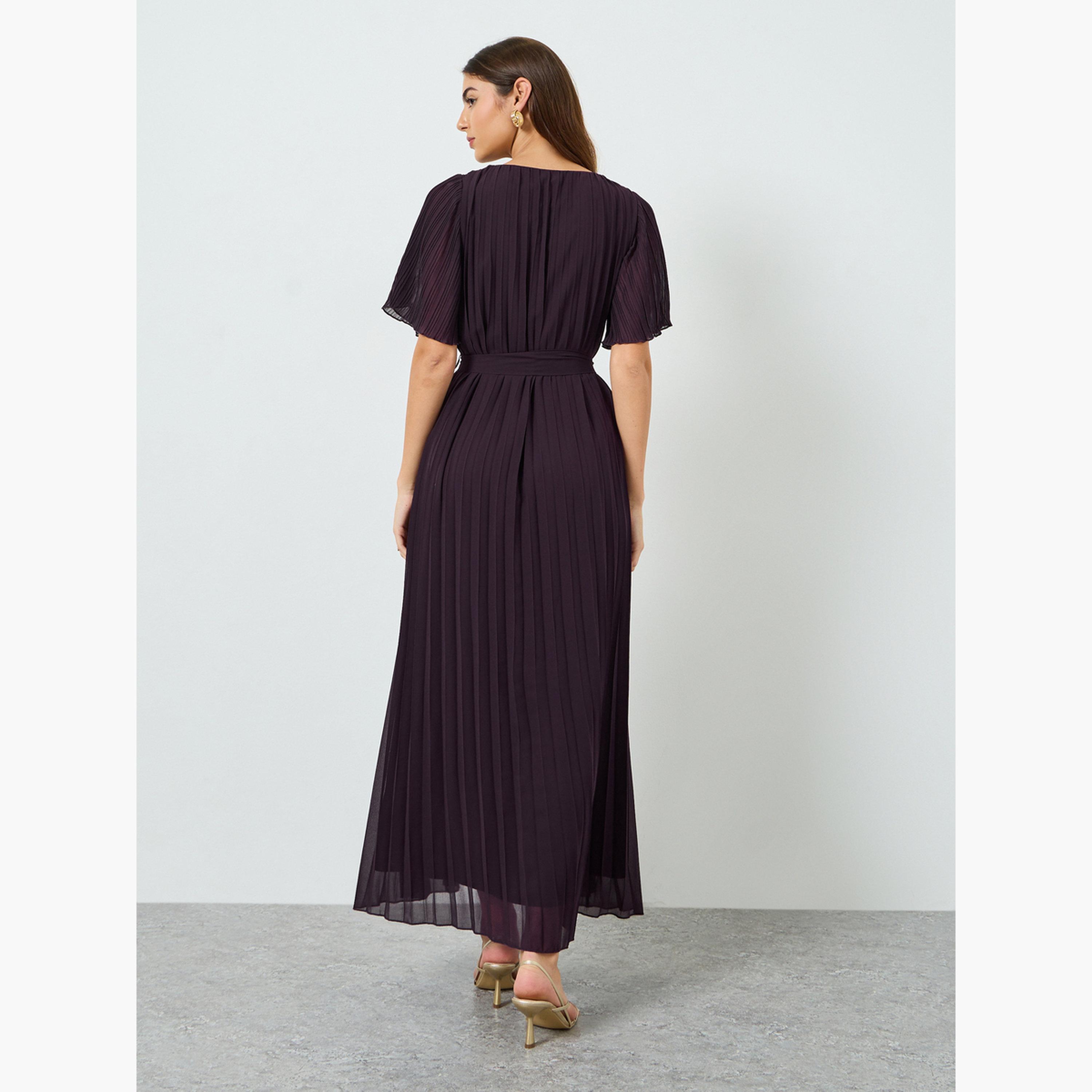 Styli Women Pleated Maxi Dress with Tie-Belt-women-clothing-dresses-image-3