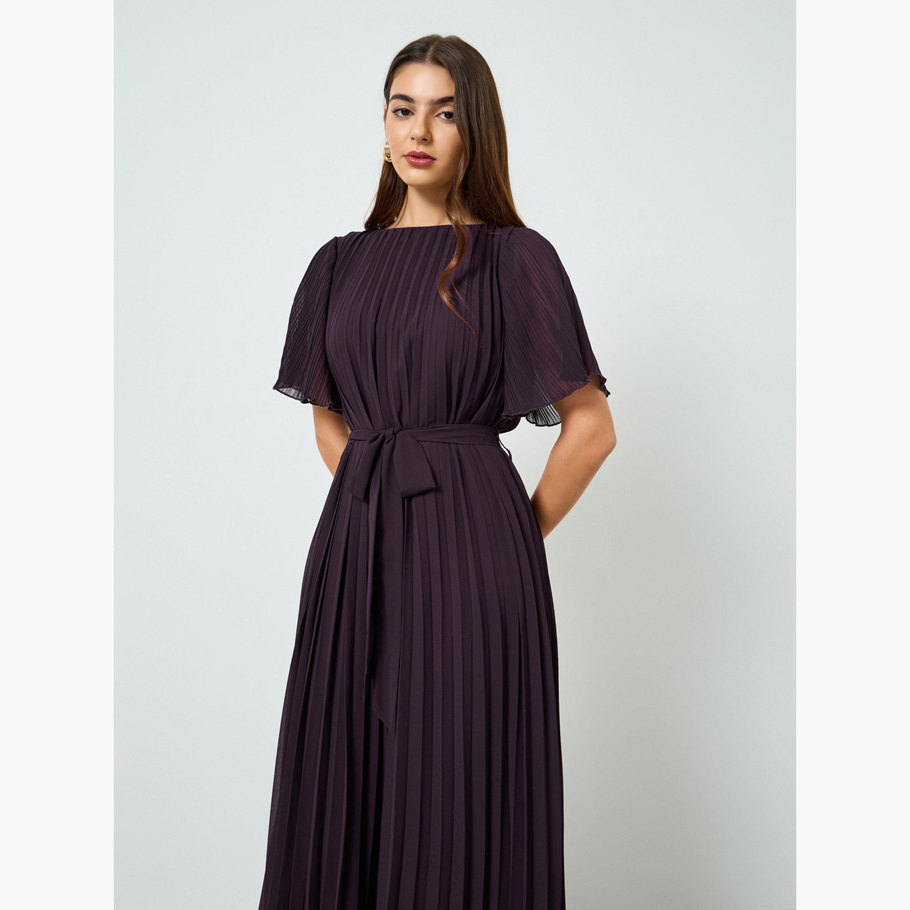 Styli Women Pleated Maxi Dress with Tie-Belt-women-clothing-dresses-image-4