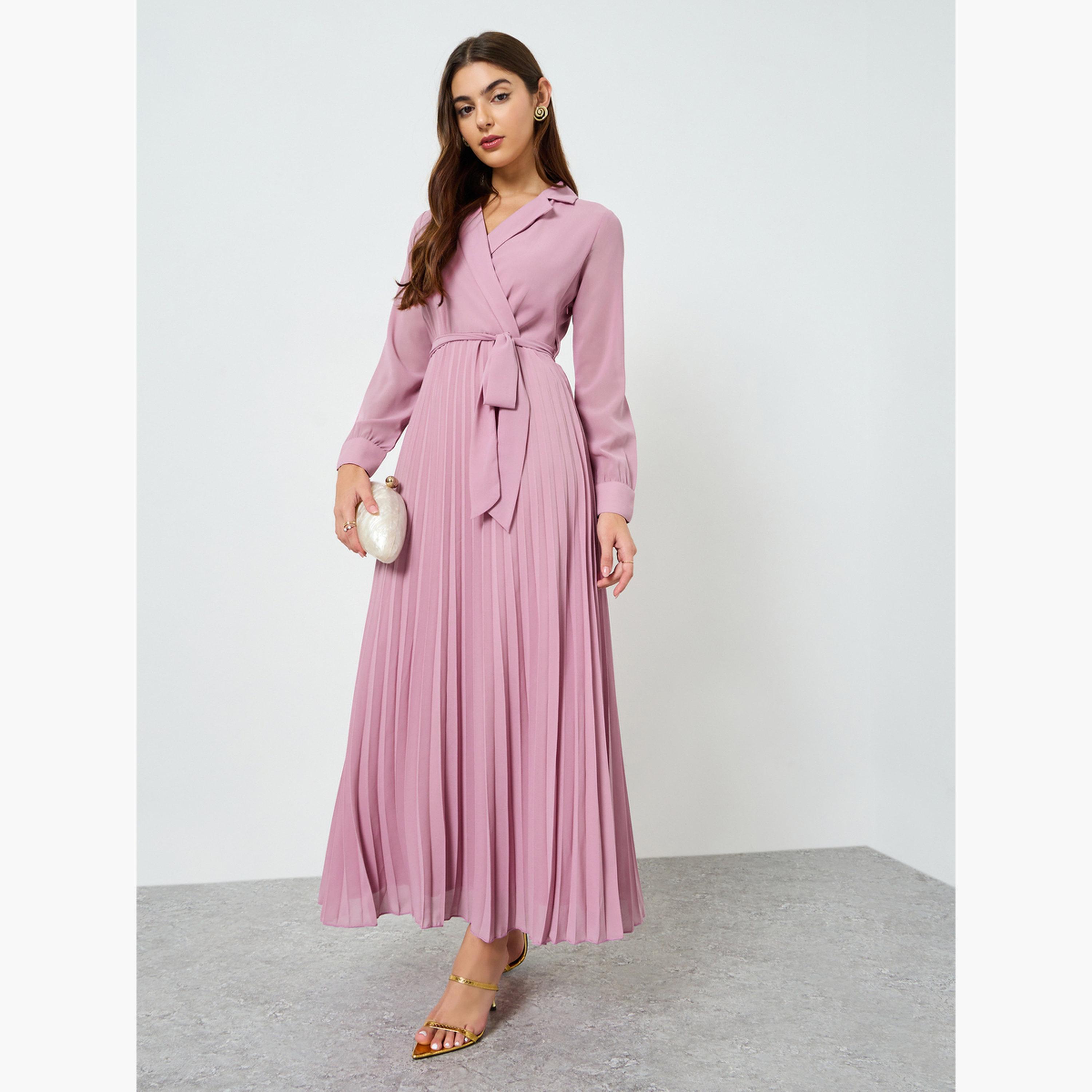Styli Women Pink Pleated Maxi Dress-women-clothing-dresses-image-1