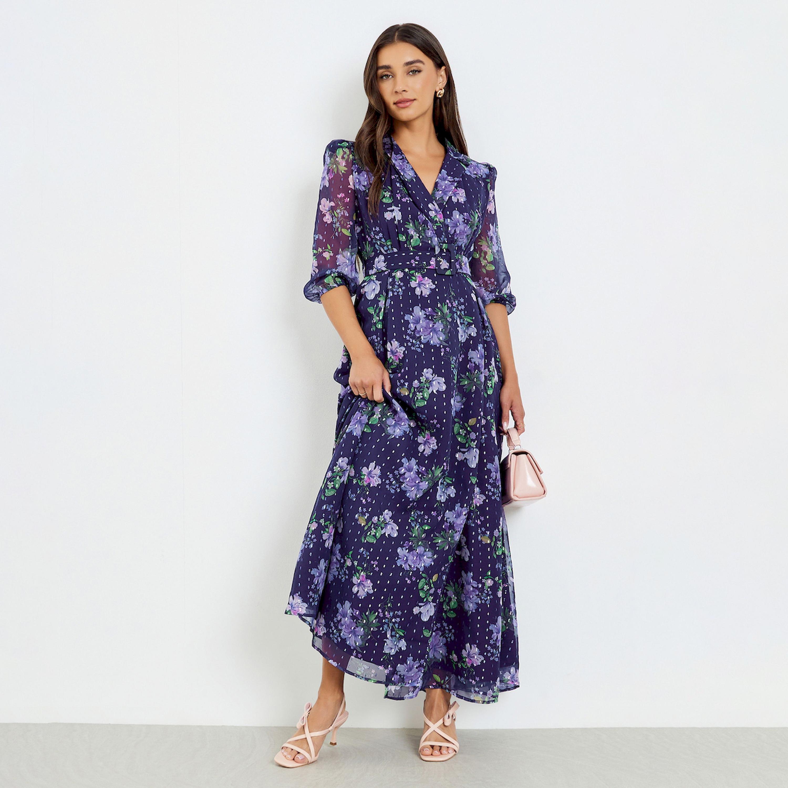 فستان طويل مع حزام وطبعة زهور-women-clothing-dresses-image-1