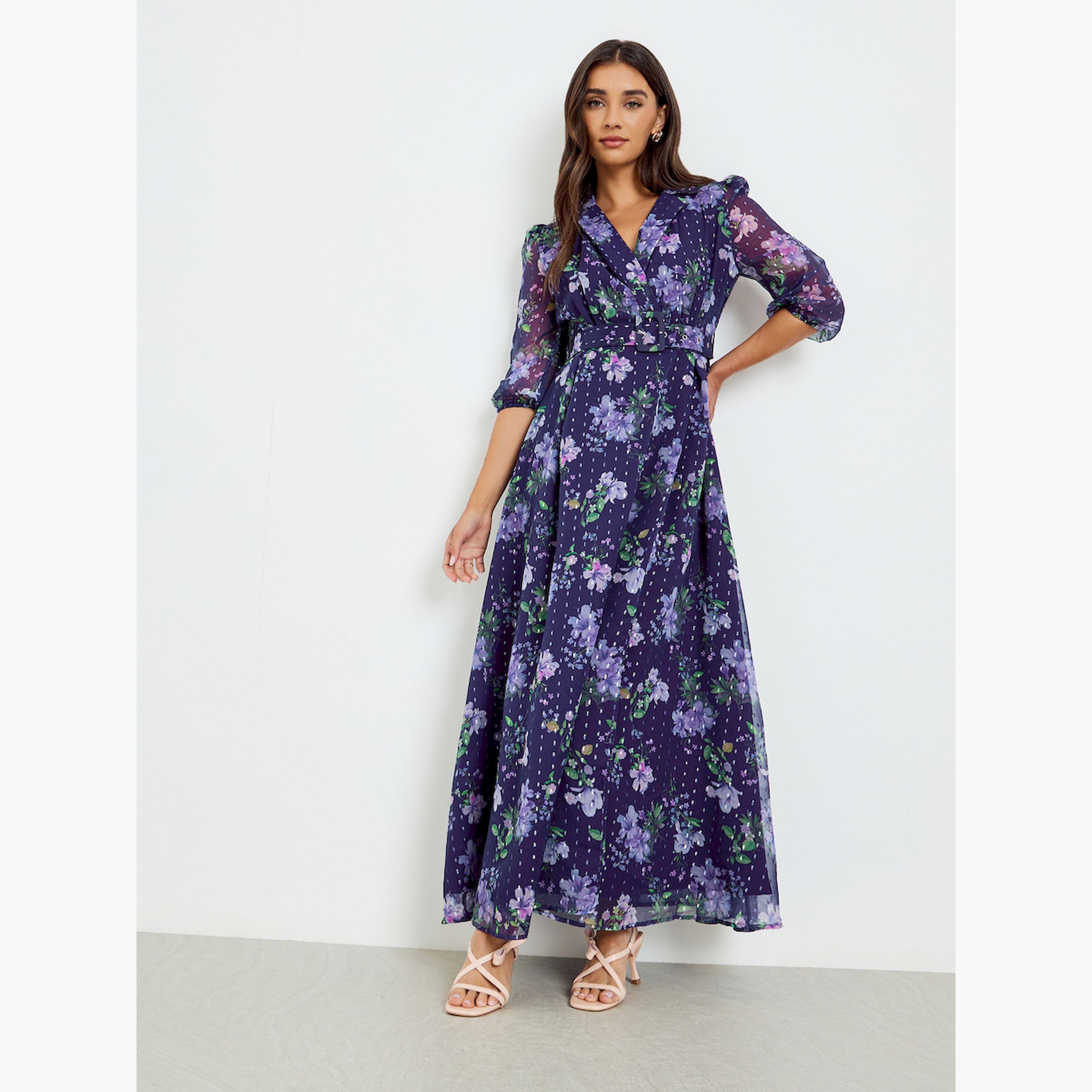 فستان طويل مع حزام وطبعة زهور-women-clothing-dresses-image-2