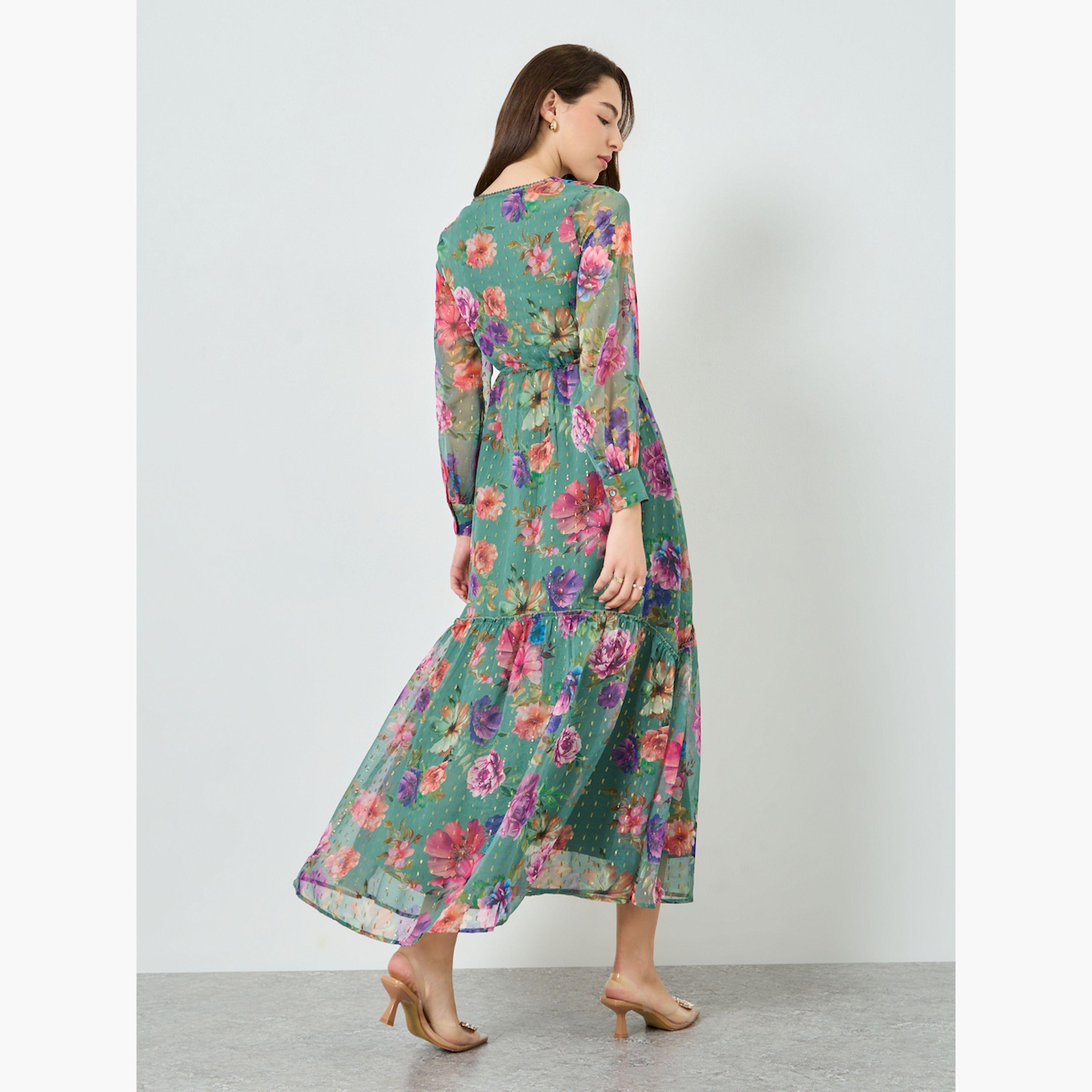 Styli Women Green Floral Print Lurex Maxi Dress-women-clothing-dresses-image-4