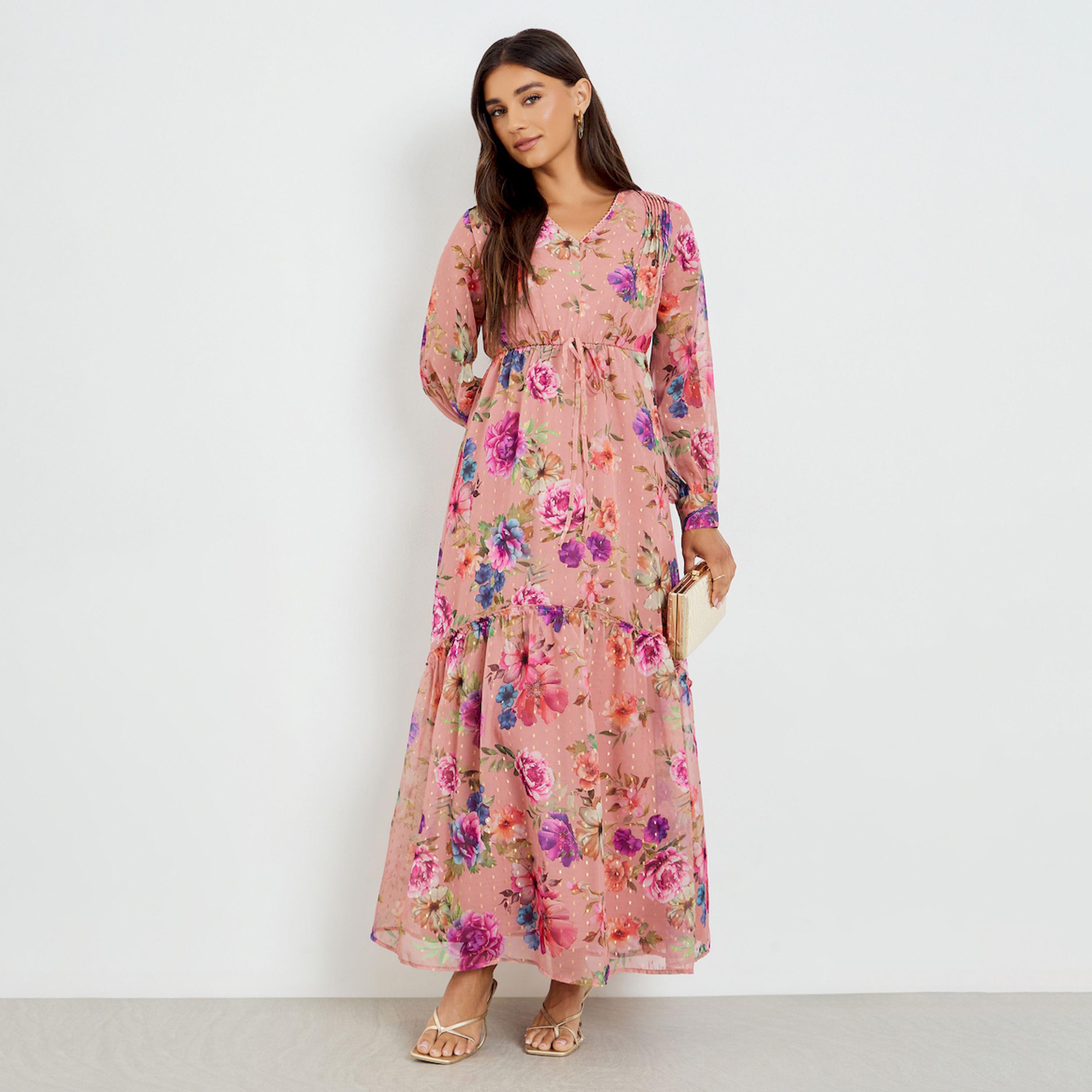 Styli Women Peach Floral Print Lurex Maxi Dress-women-clothing-dresses-image-1