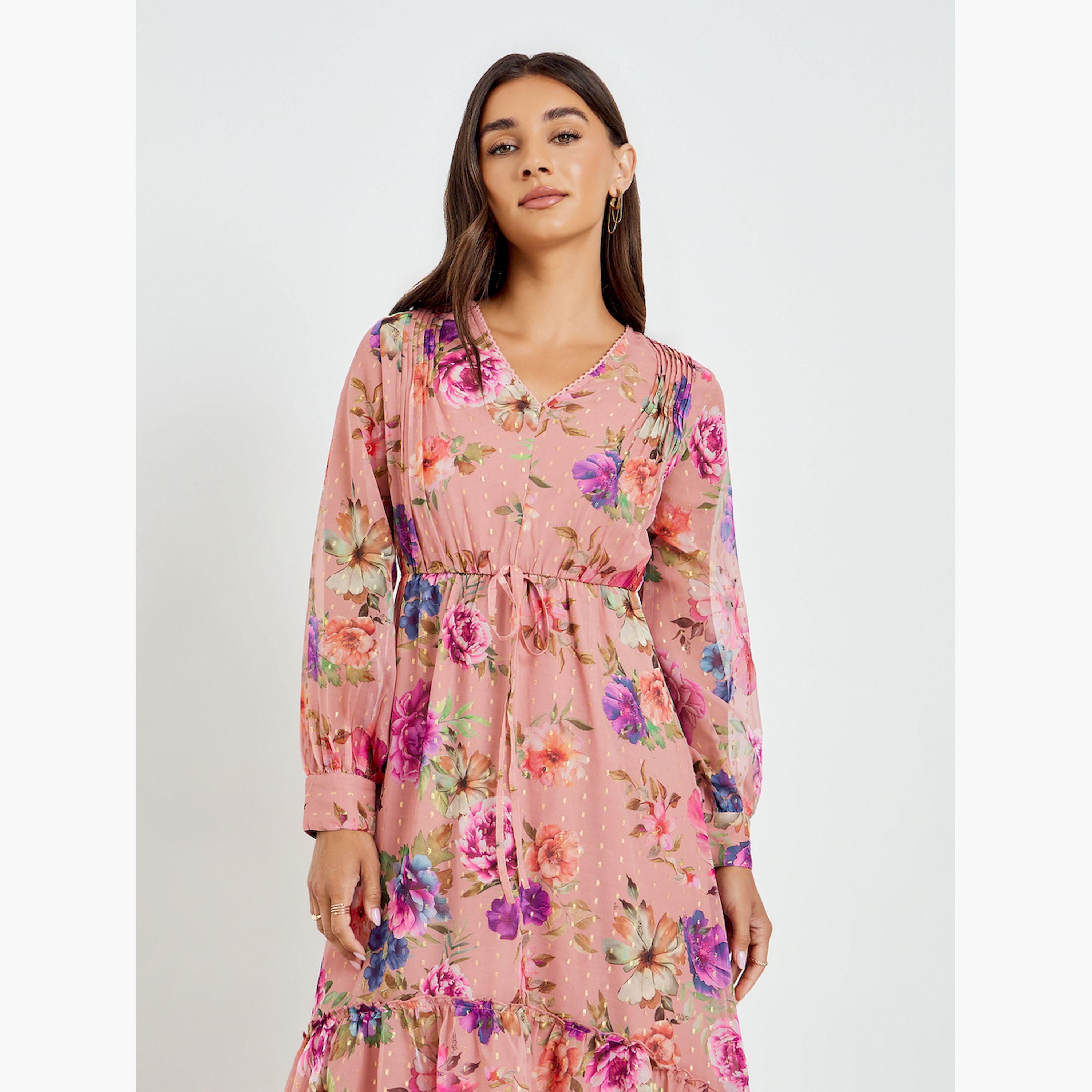 Styli Women Peach Floral Print Lurex Maxi Dress-women-clothing-dresses-image-2