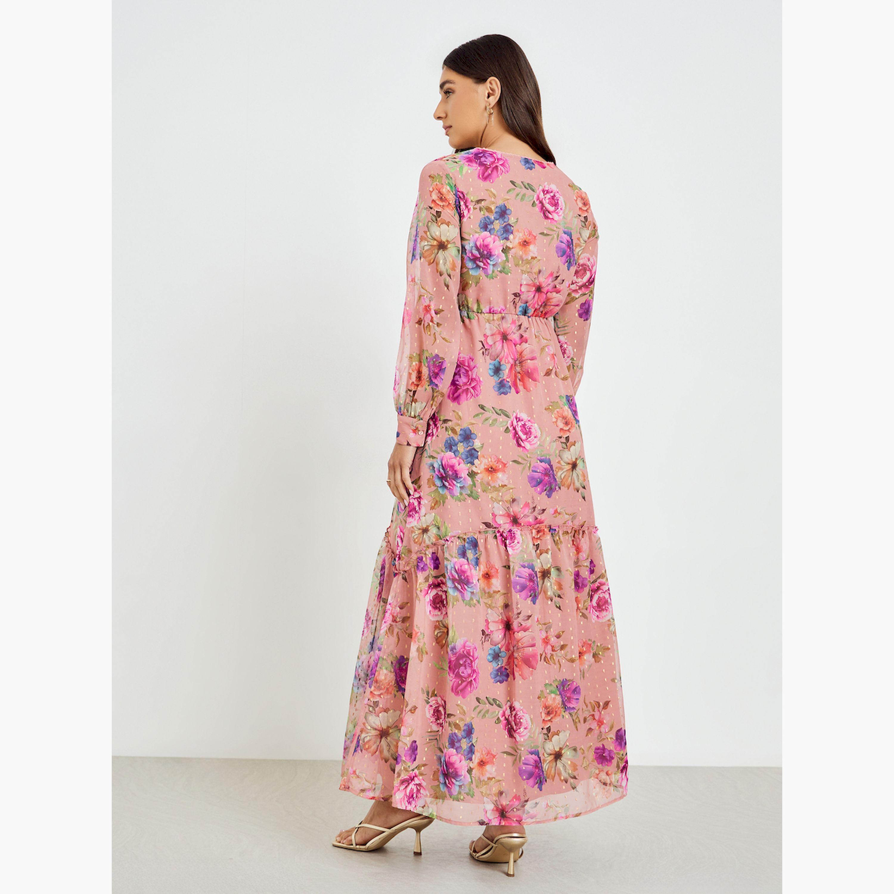 Styli Women Peach Floral Print Lurex Maxi Dress-women-clothing-dresses-image-4