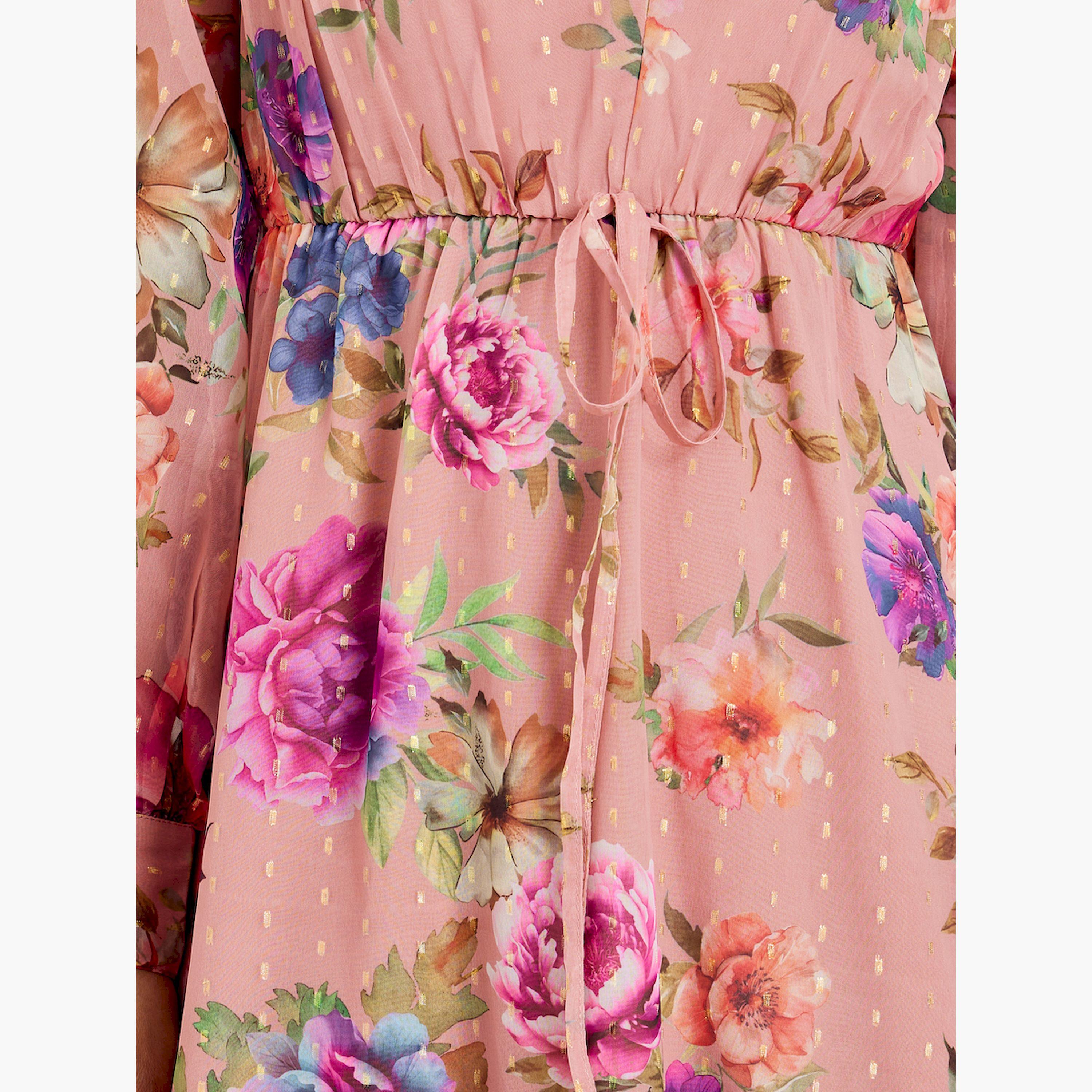 Styli Women Peach Floral Print Lurex Maxi Dress-women-clothing-dresses-image-5