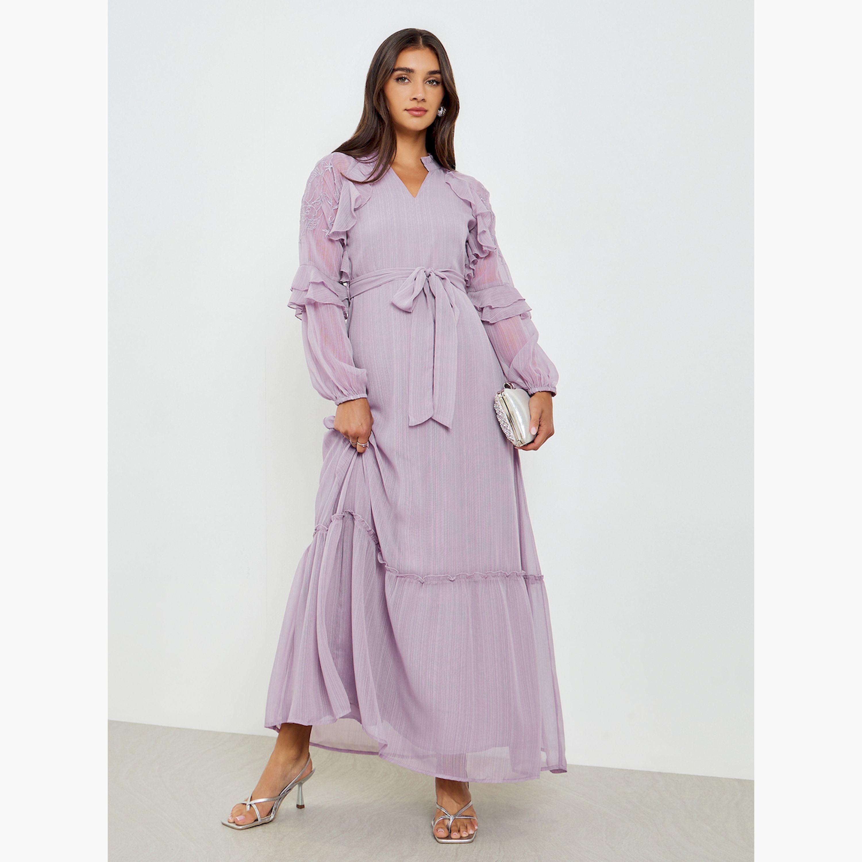 Styli Lilac Embroidered Maxi Dress with Ruffle Detail-women-clothing-dresses-image-1