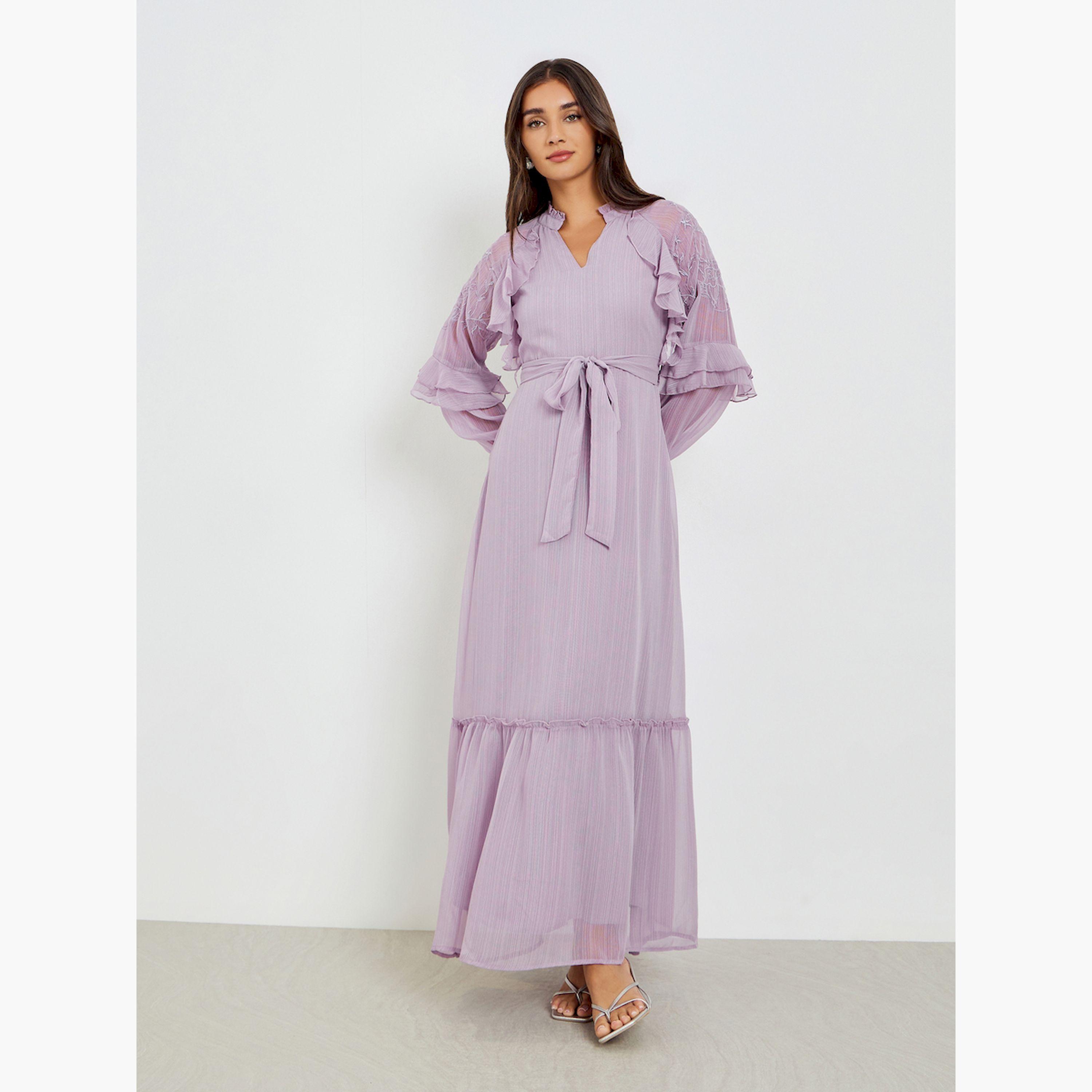 Styli Lilac Embroidered Maxi Dress with Ruffle Detail-women-clothing-dresses-image-2