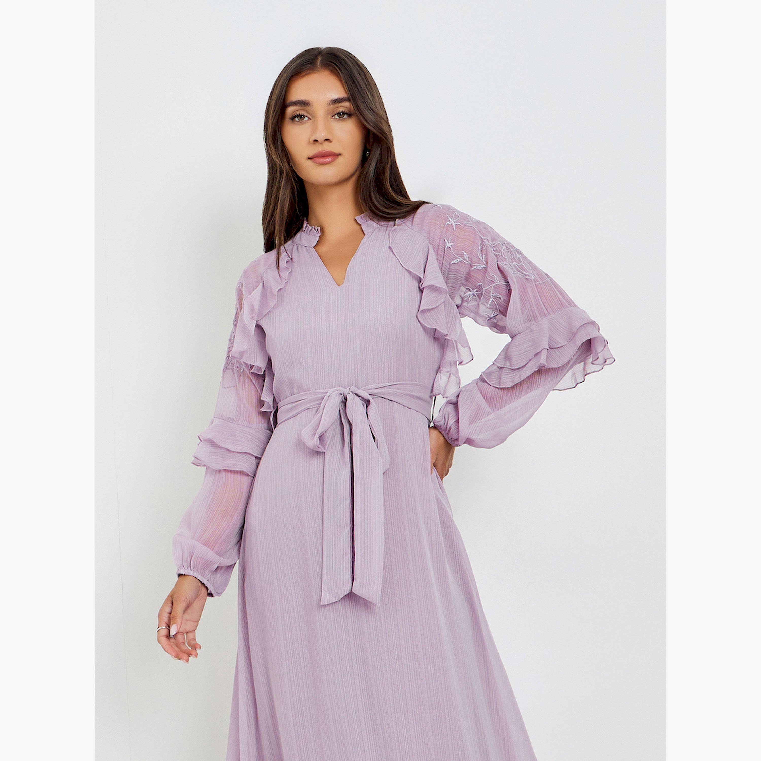 Styli Lilac Embroidered Maxi Dress with Ruffle Detail-women-clothing-dresses-image-3