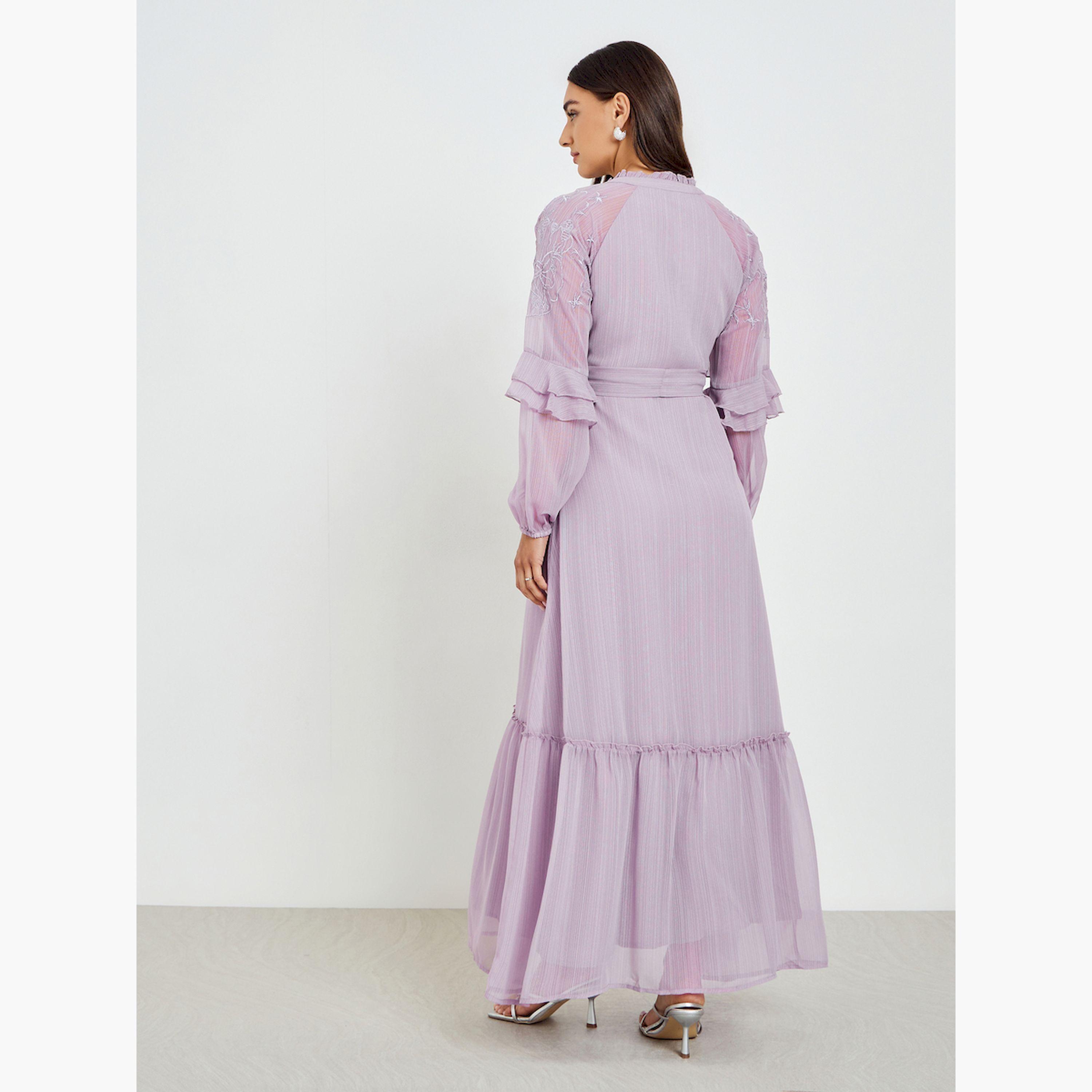 Styli Lilac Embroidered Maxi Dress with Ruffle Detail-women-clothing-dresses-image-5