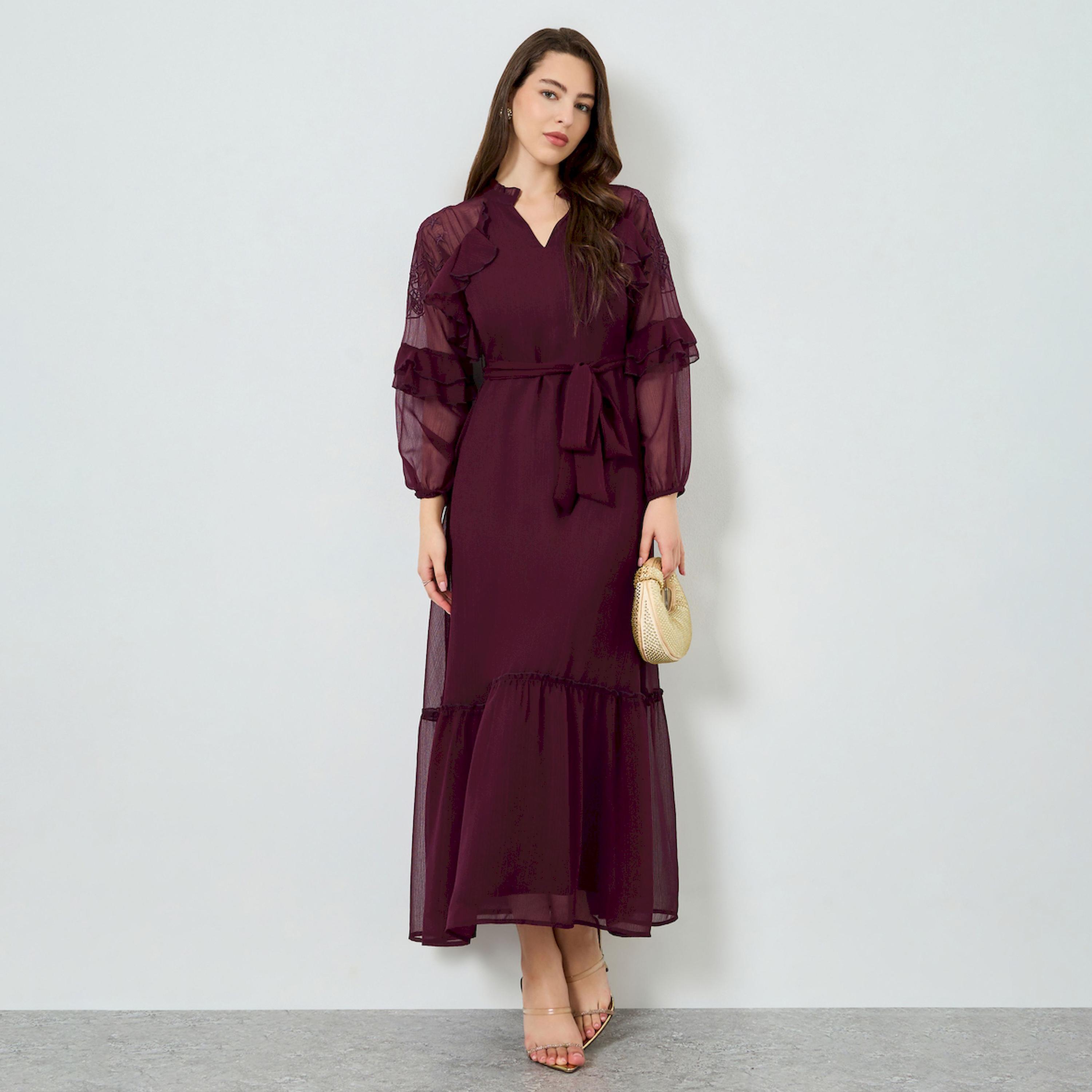 فستان طويل بتفاصيل كشكش وتفاصيل مُطرّزة-women-clothing-dresses-image-1