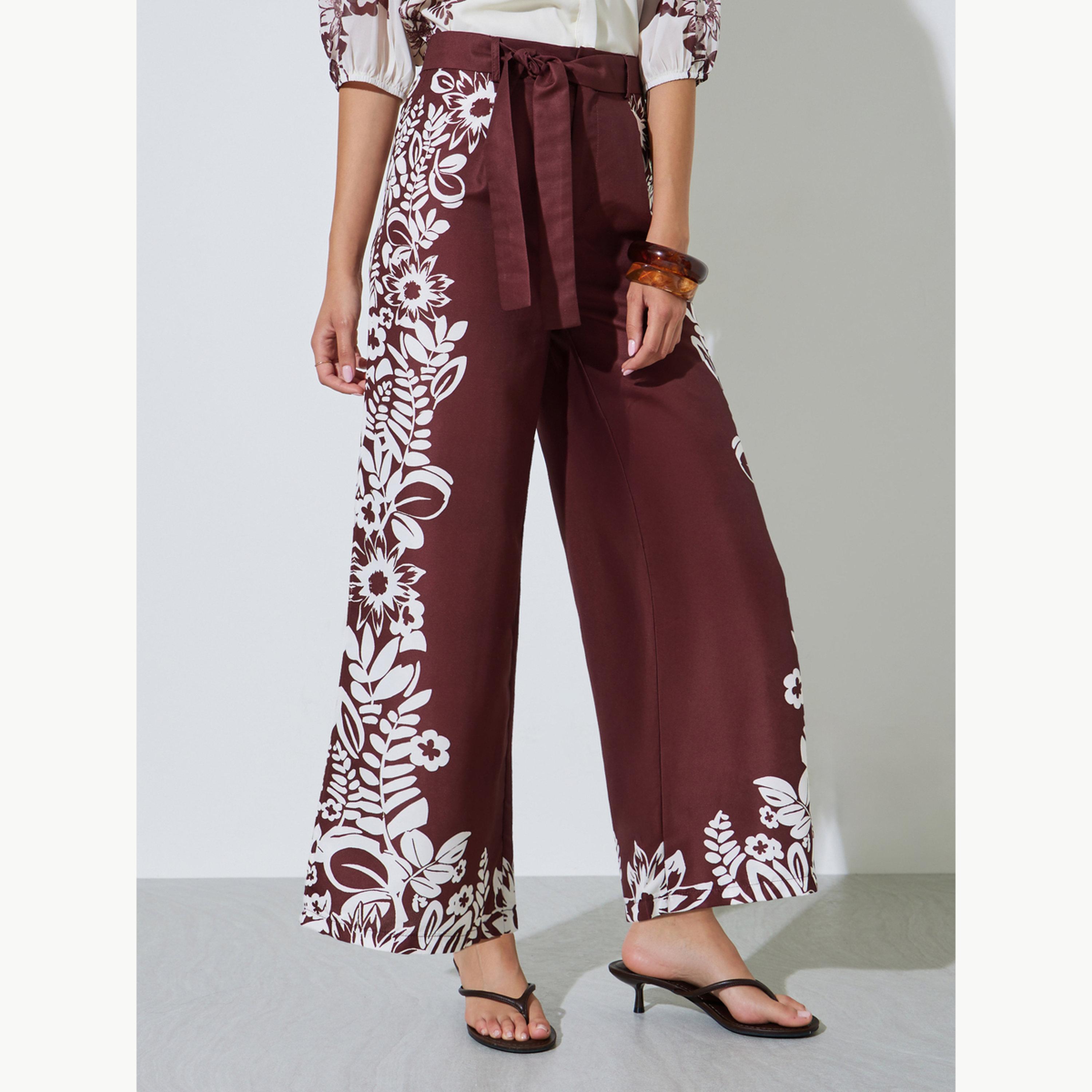 Styli Burgundy Border Floral Print Wide Leg Pants-women-clothing-bottoms-joggers-image-1