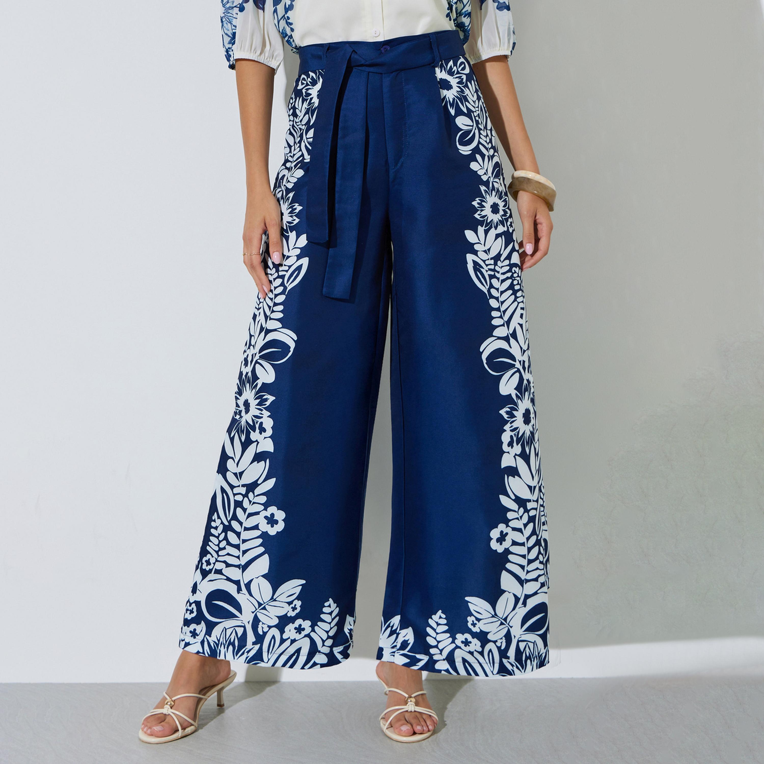 Styli Navy Blue Border Floral Print Wide Leg Pants-women-clothing-bottoms-joggers-image-1