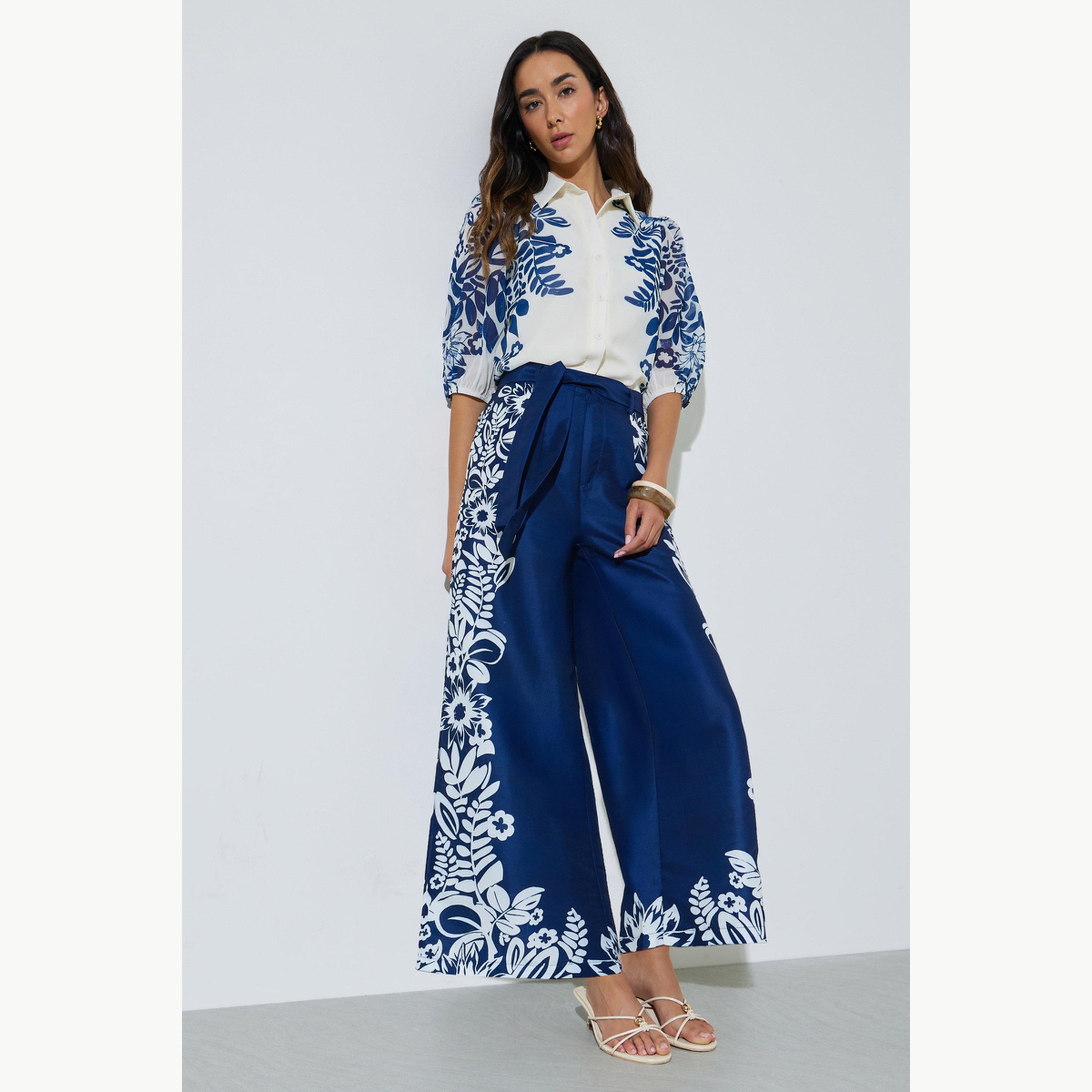 Styli Navy Blue Border Floral Print Wide Leg Pants-women-clothing-bottoms-joggers-image-2