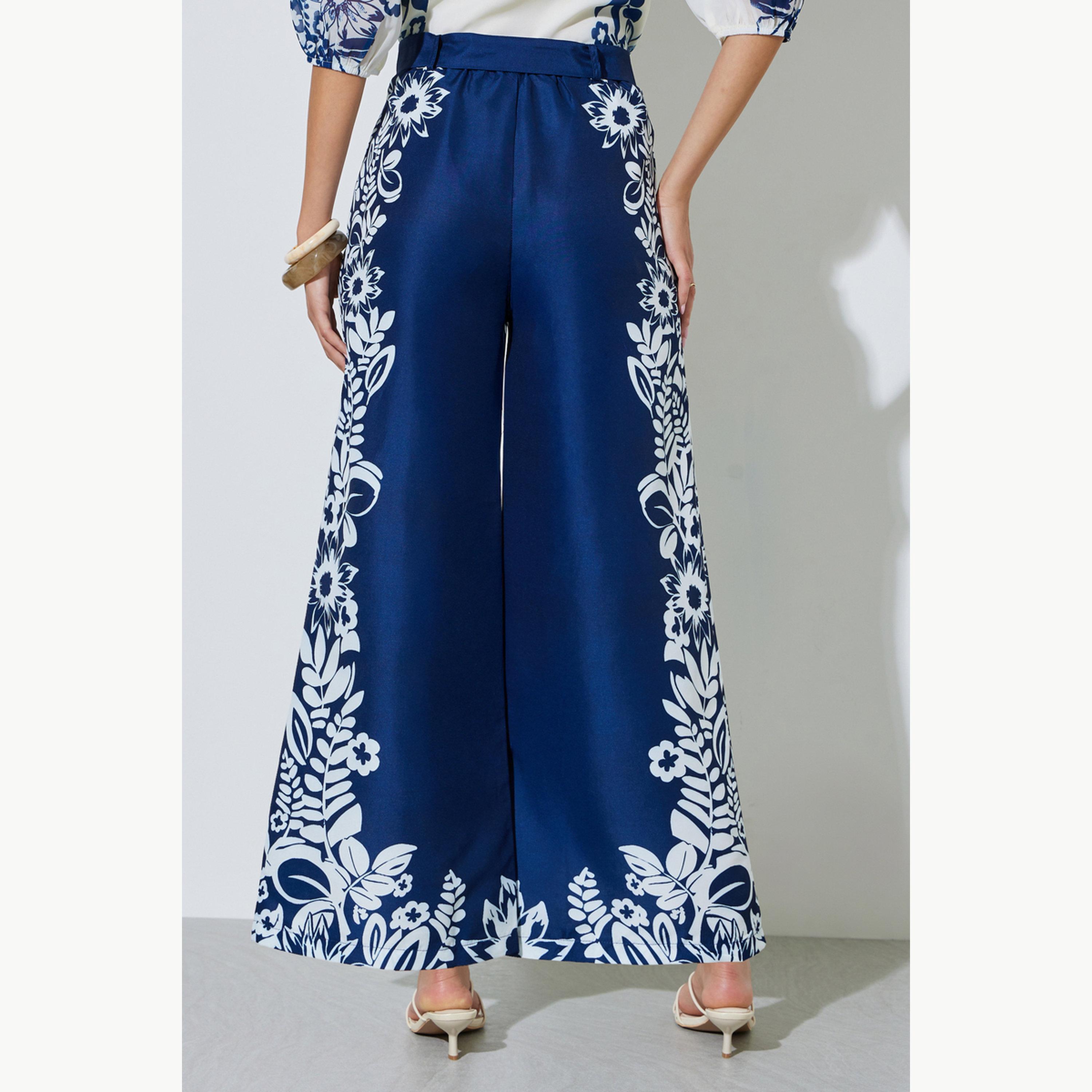 Styli Navy Blue Border Floral Print Wide Leg Pants-women-clothing-bottoms-joggers-image-5