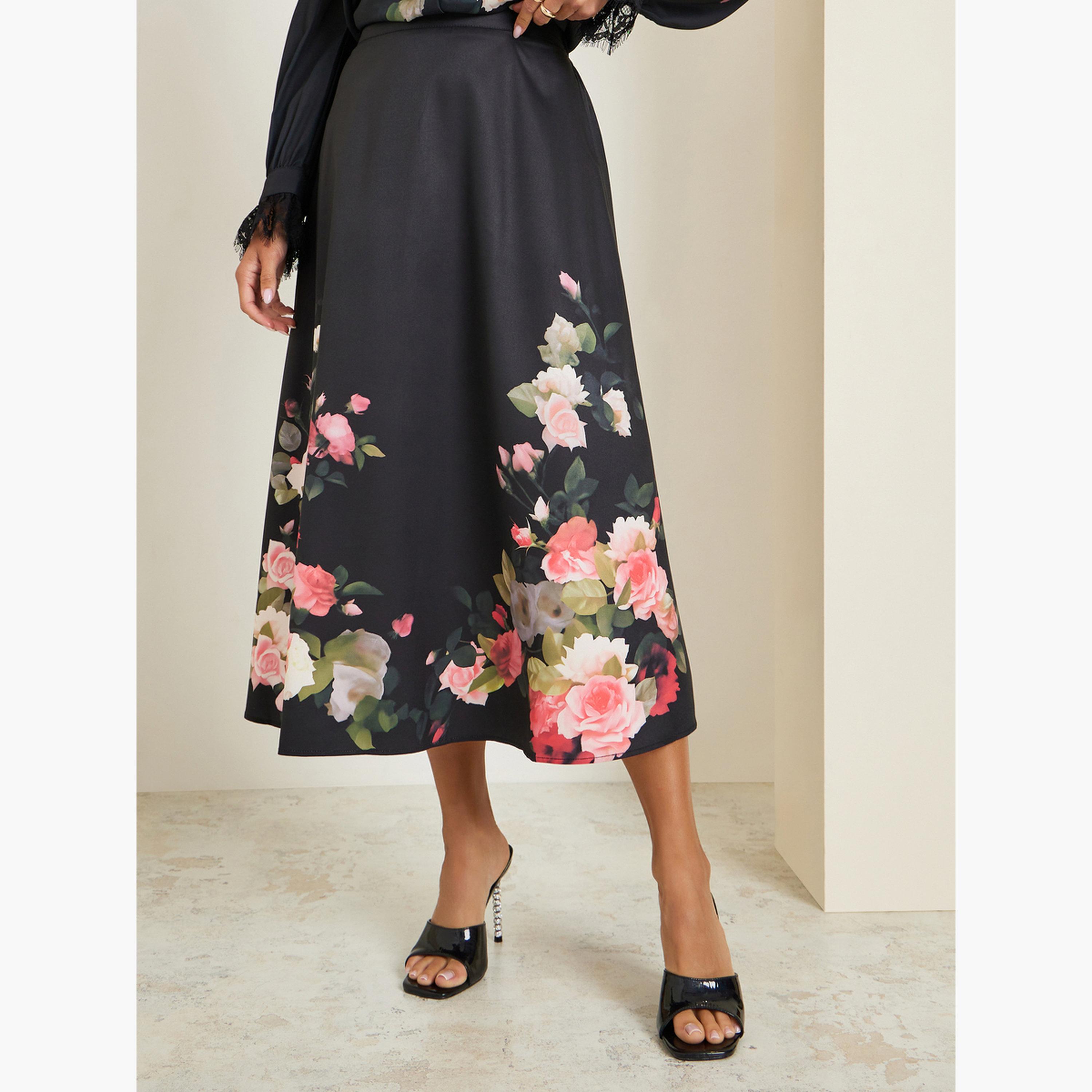 Styli Women Black Floral Print A-Line Midi Skirt-women-clothing-bottoms-skirts-image-1