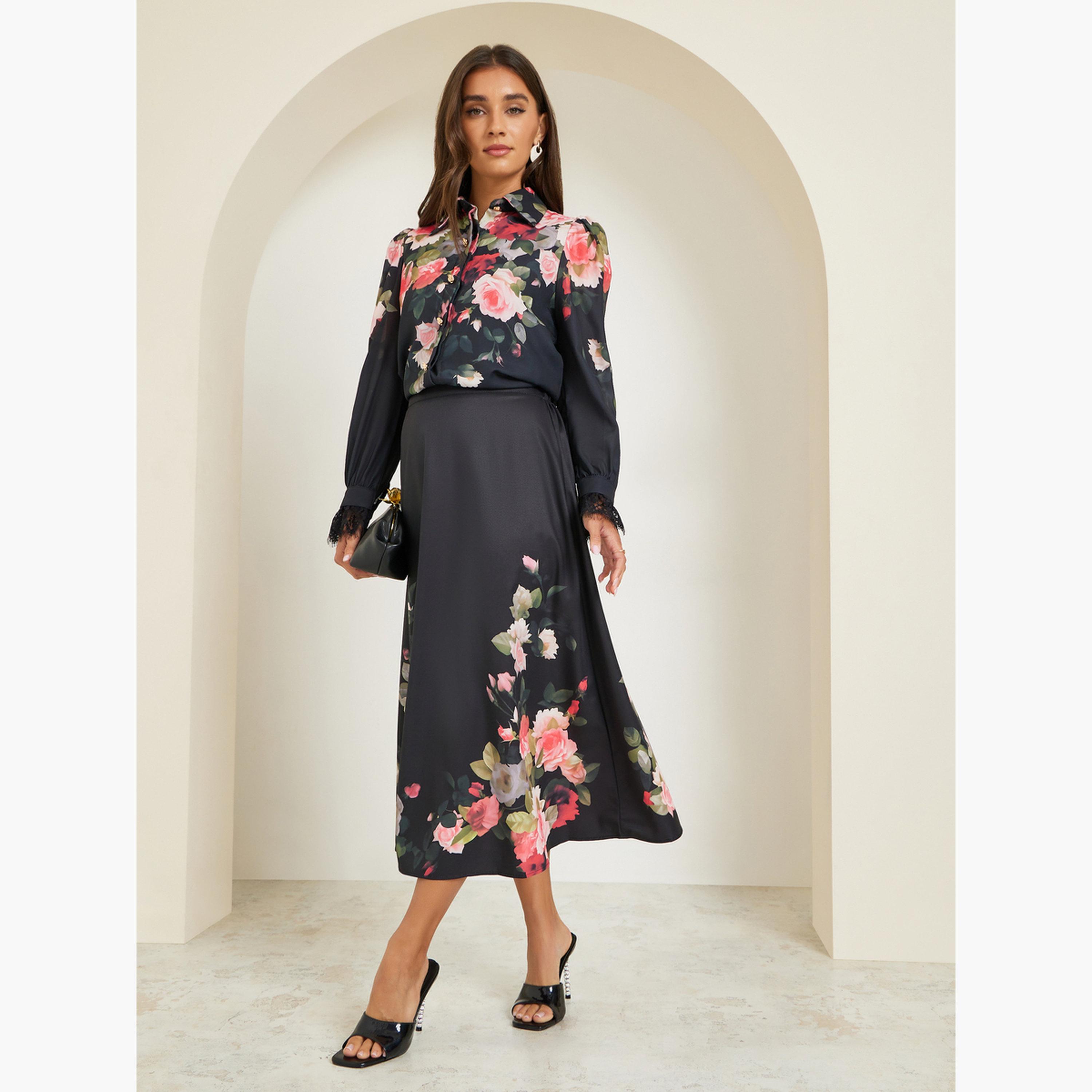 Styli Women Black Floral Print A-Line Midi Skirt-women-clothing-bottoms-skirts-image-2