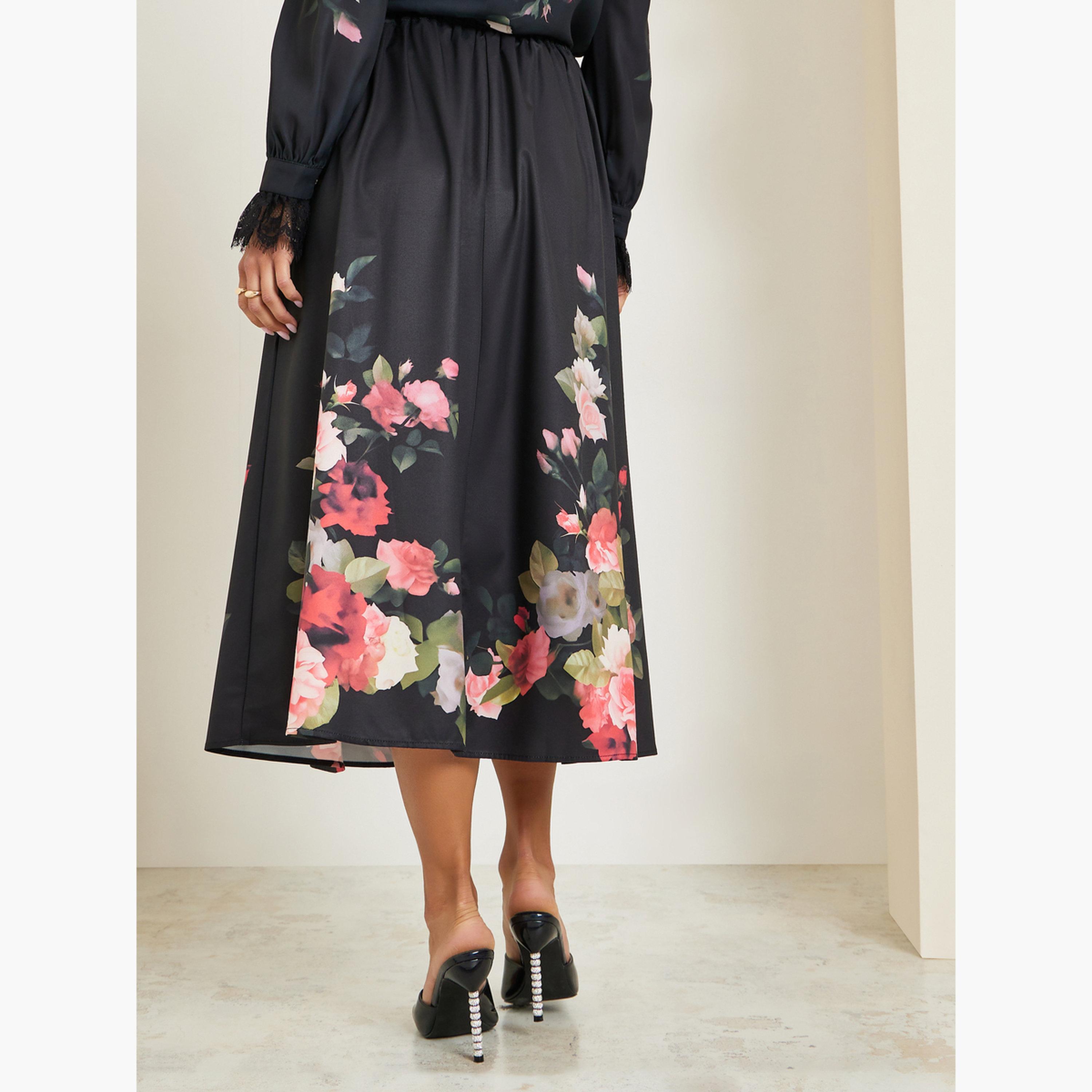 Styli Women Black Floral Print A-Line Midi Skirt-women-clothing-bottoms-skirts-image-3