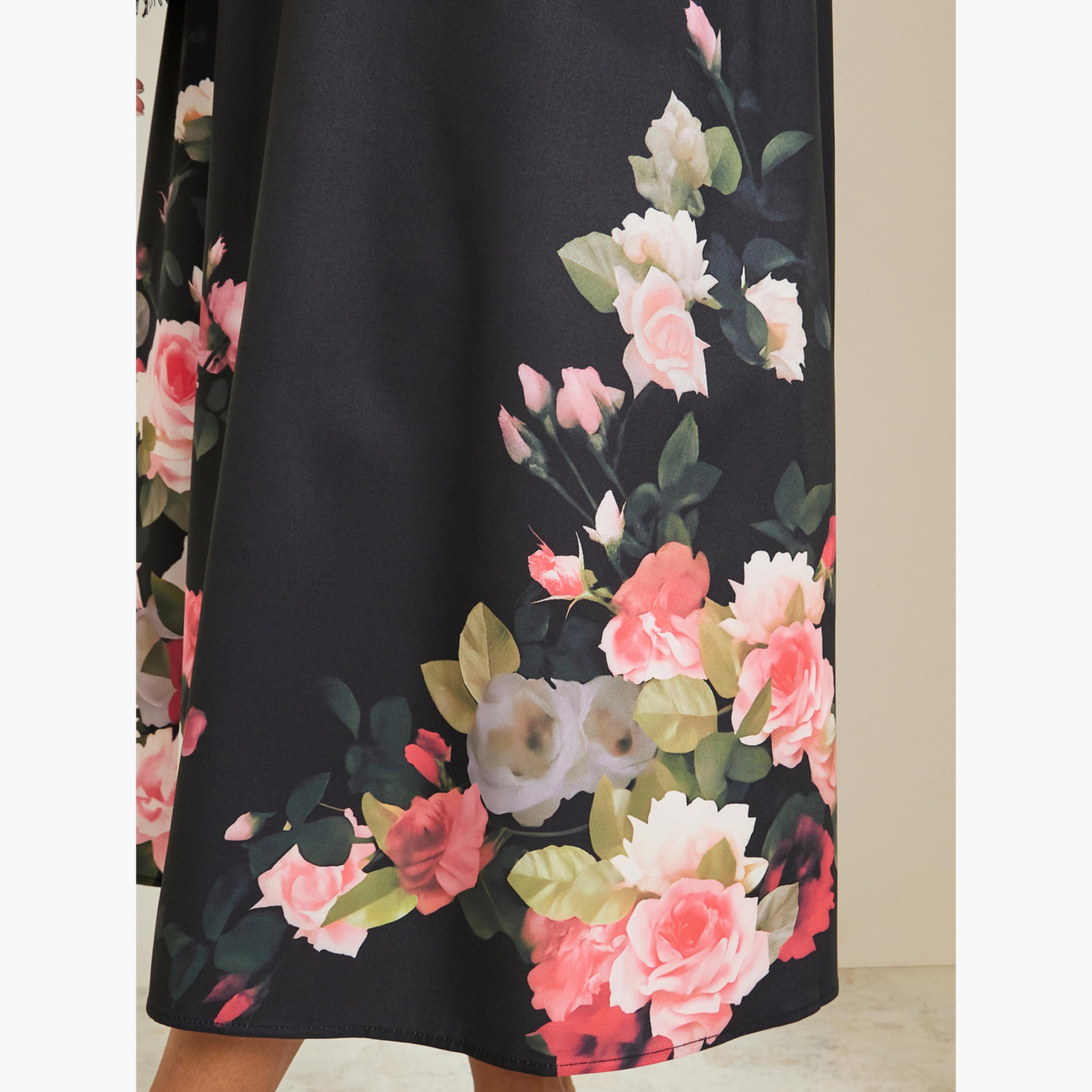 Styli Women Black Floral Print A-Line Midi Skirt-women-clothing-bottoms-skirts-image-5