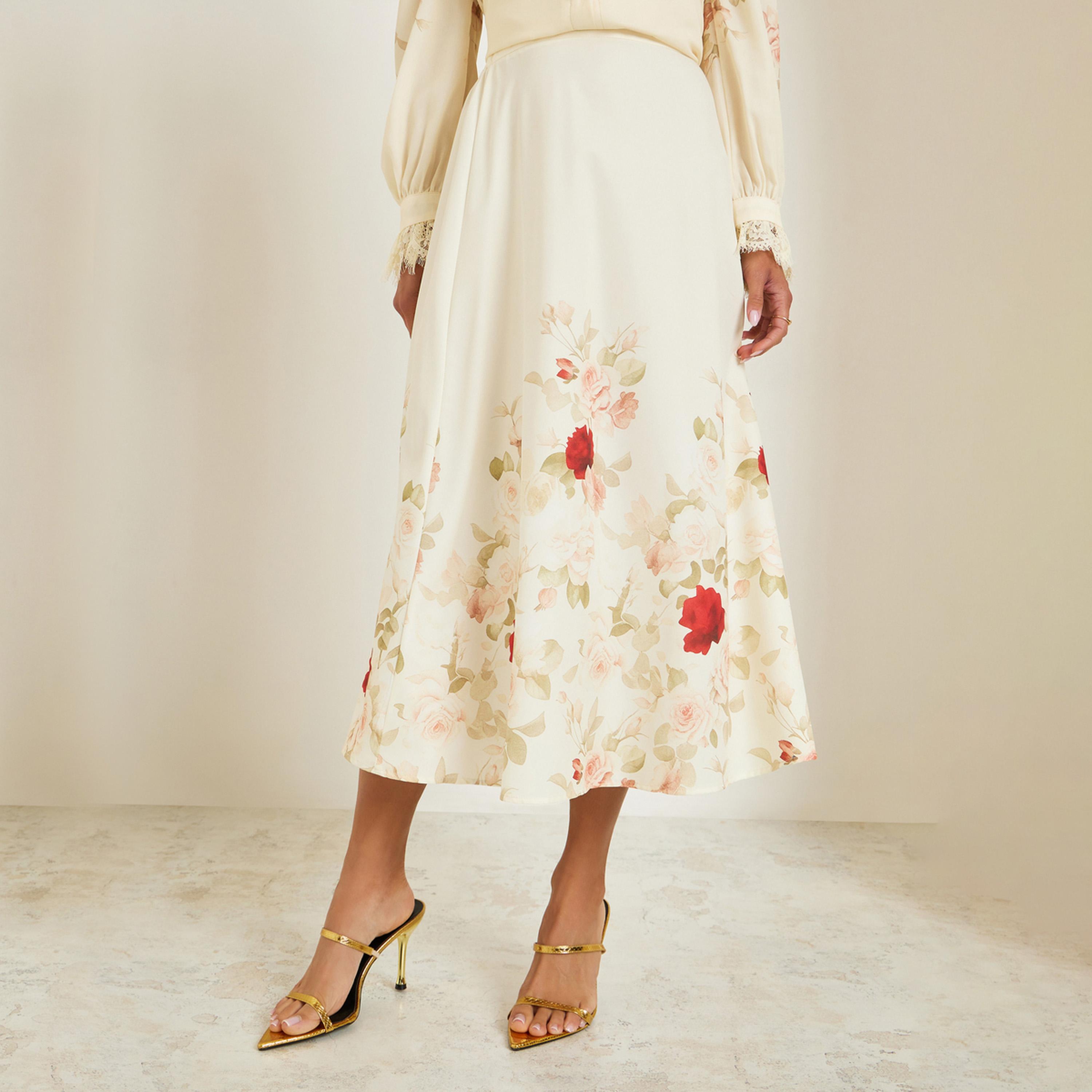 Styli Women Cream Floral A-Line Midi Skirt-women-clothing-bottoms-skirts-image-1