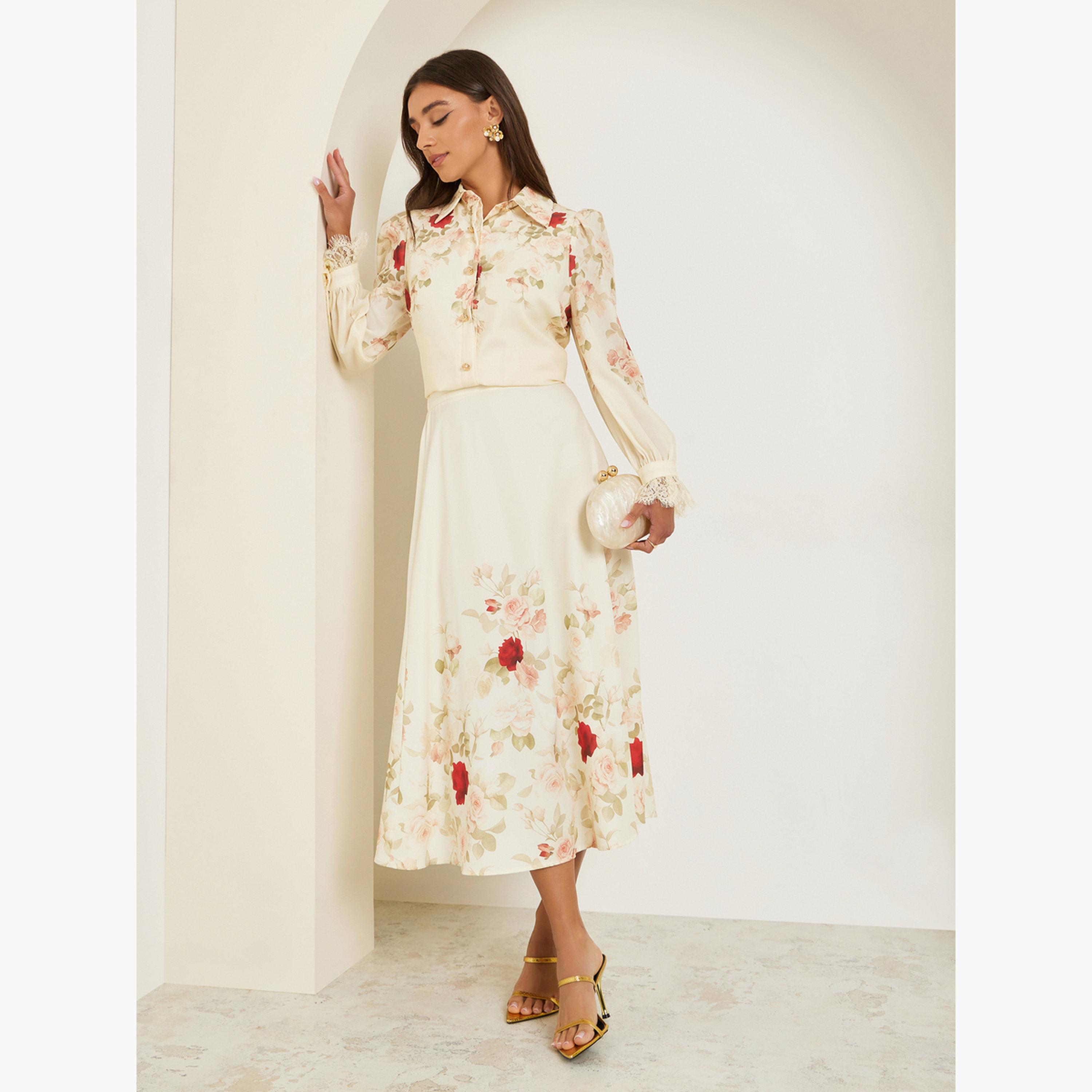 Styli Women Cream Floral A-Line Midi Skirt-women-clothing-bottoms-skirts-image-2