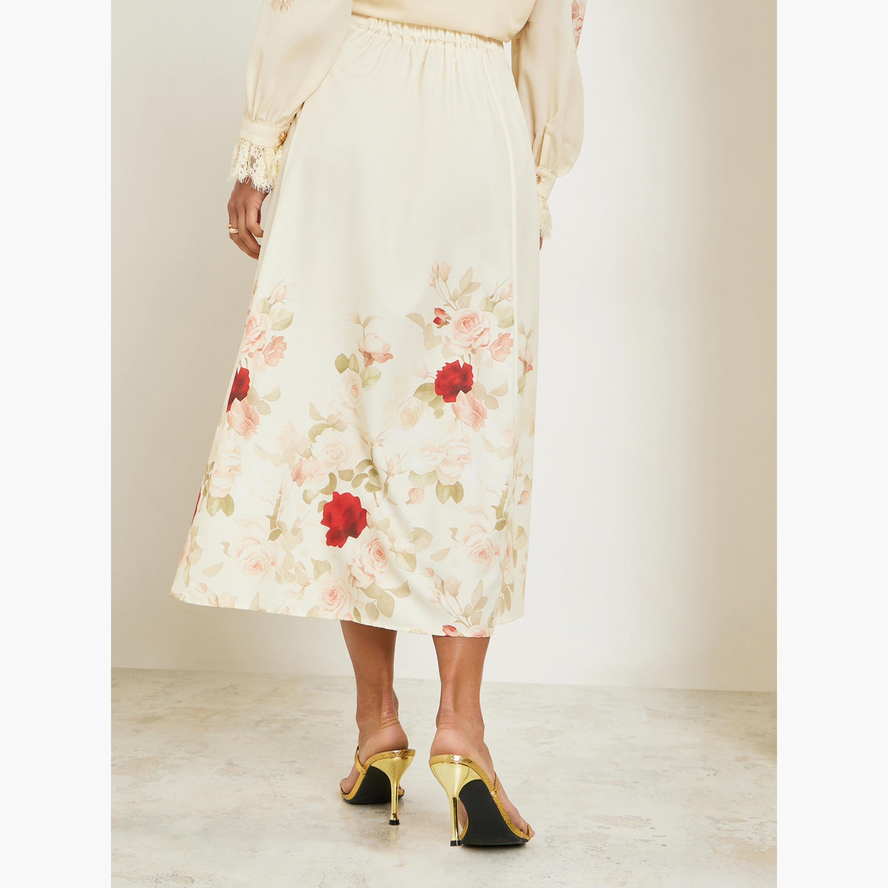 Styli Women Cream Floral A-Line Midi Skirt-women-clothing-bottoms-skirts-image-3