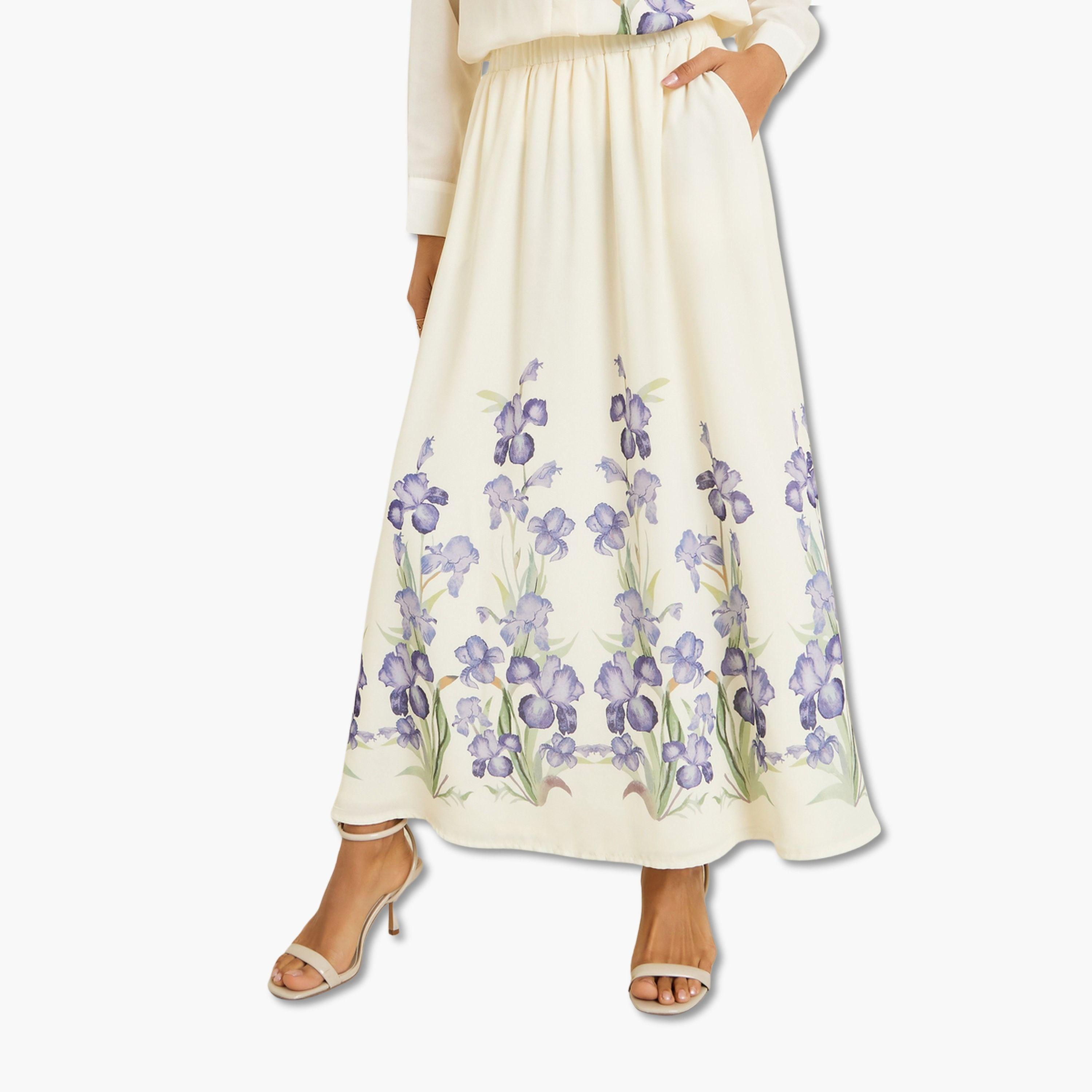 تنورة طويلة بحافة واسعة وطبعة زهور-women-clothing-bottoms-skirts-image-1