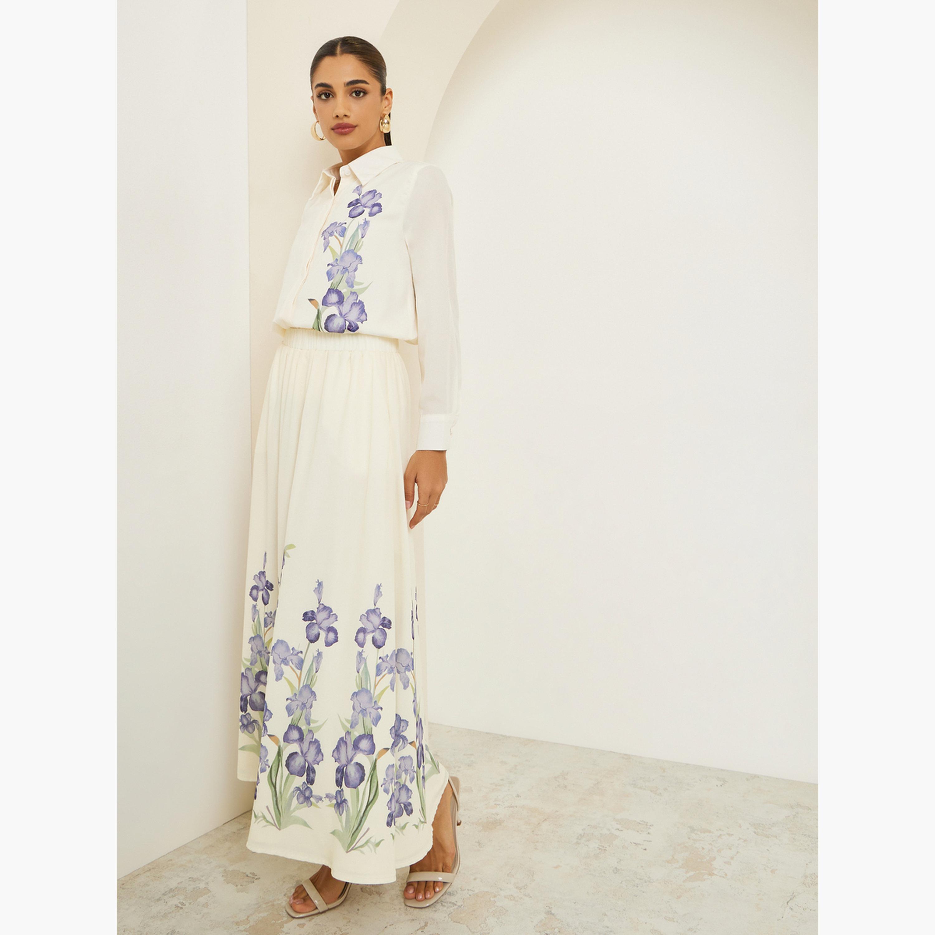 تنورة طويلة بحافة واسعة وطبعة زهور-women-clothing-bottoms-skirts-image-2