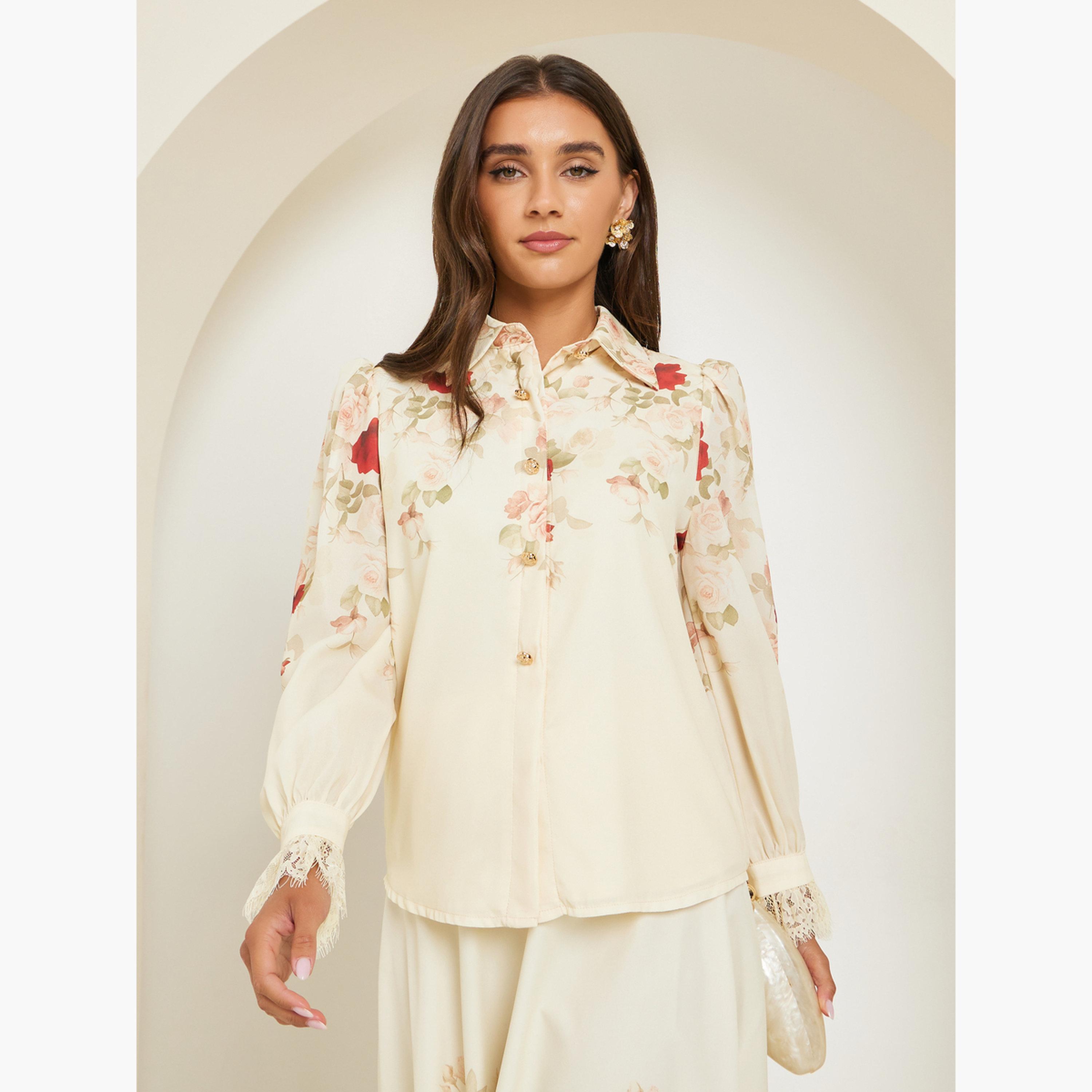 Styli Women Cream Floral Print Long Sleeve Shirt-women-clothing-shirtsandblouses-shirts-image-1