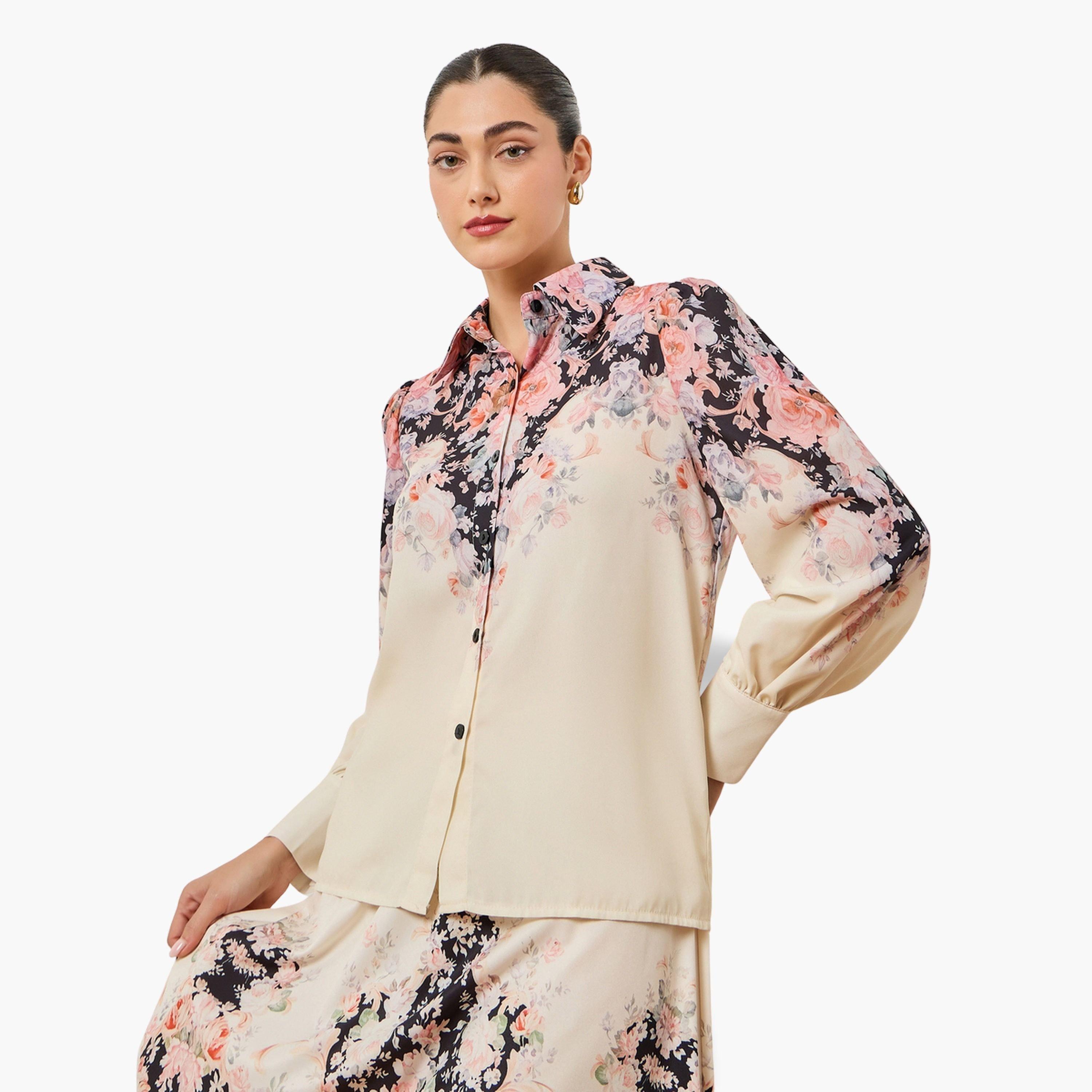 Styli Women Off White Floral Print Buttoned Shirt-women-clothing-shirtsandblouses-shirts-image-1