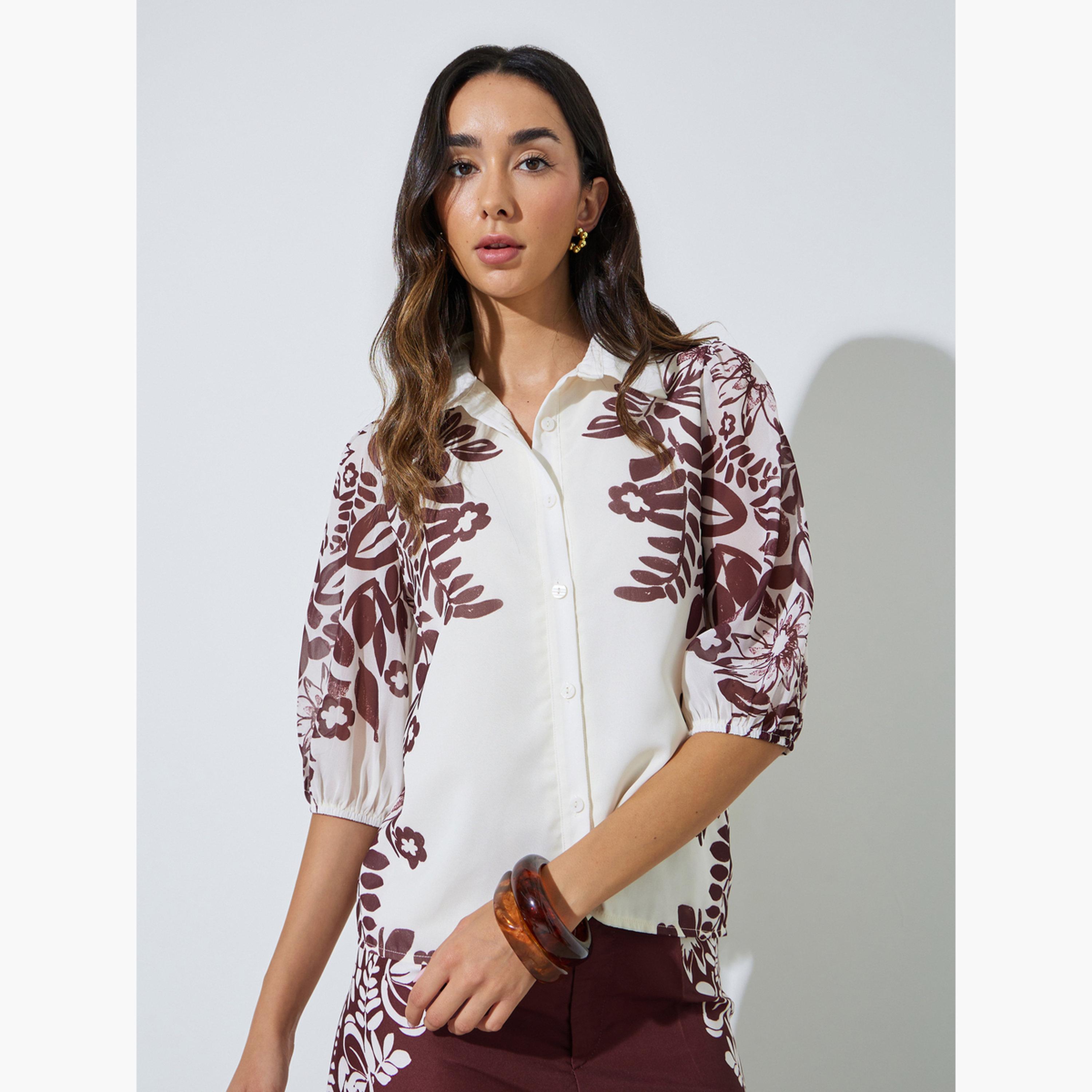 Styli Burgundy Border Placement Print Floral Shirt-women-clothing-shirtsandblouses-shirts-image-1