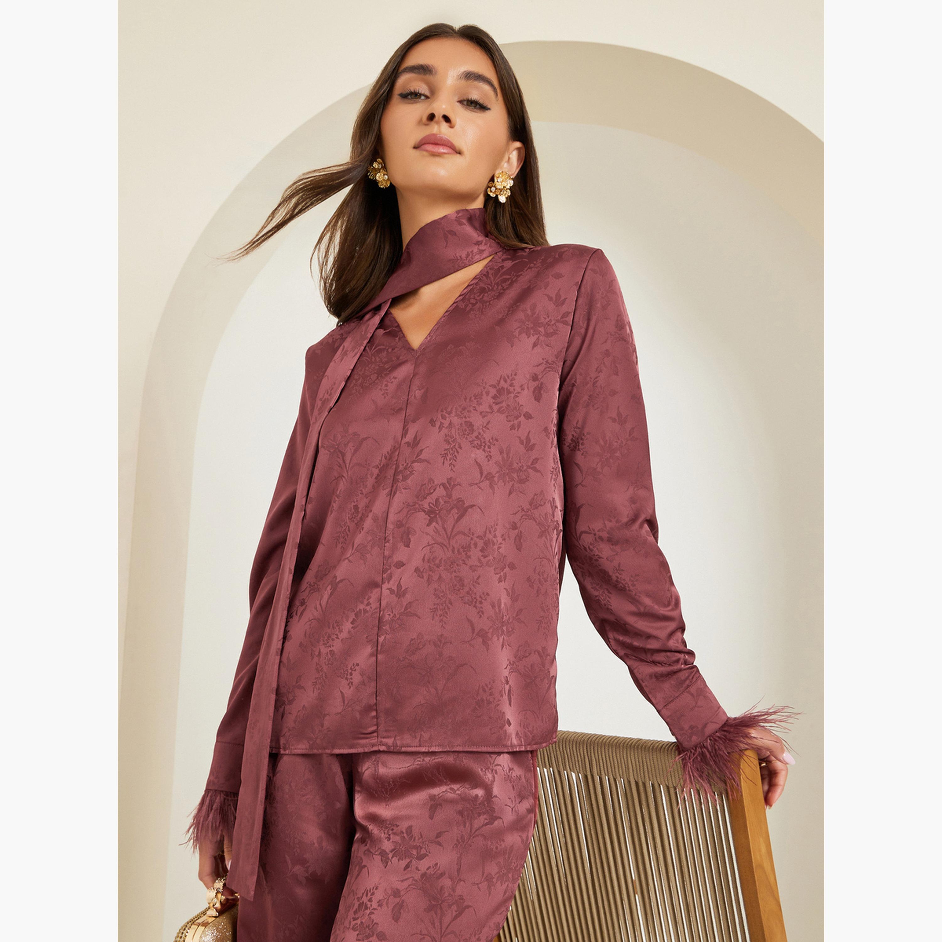 Styli Burgundy Floral Jacquard Blouse with Scarf Detail-women-clothing-shirtsandblouses-blouses-image-1