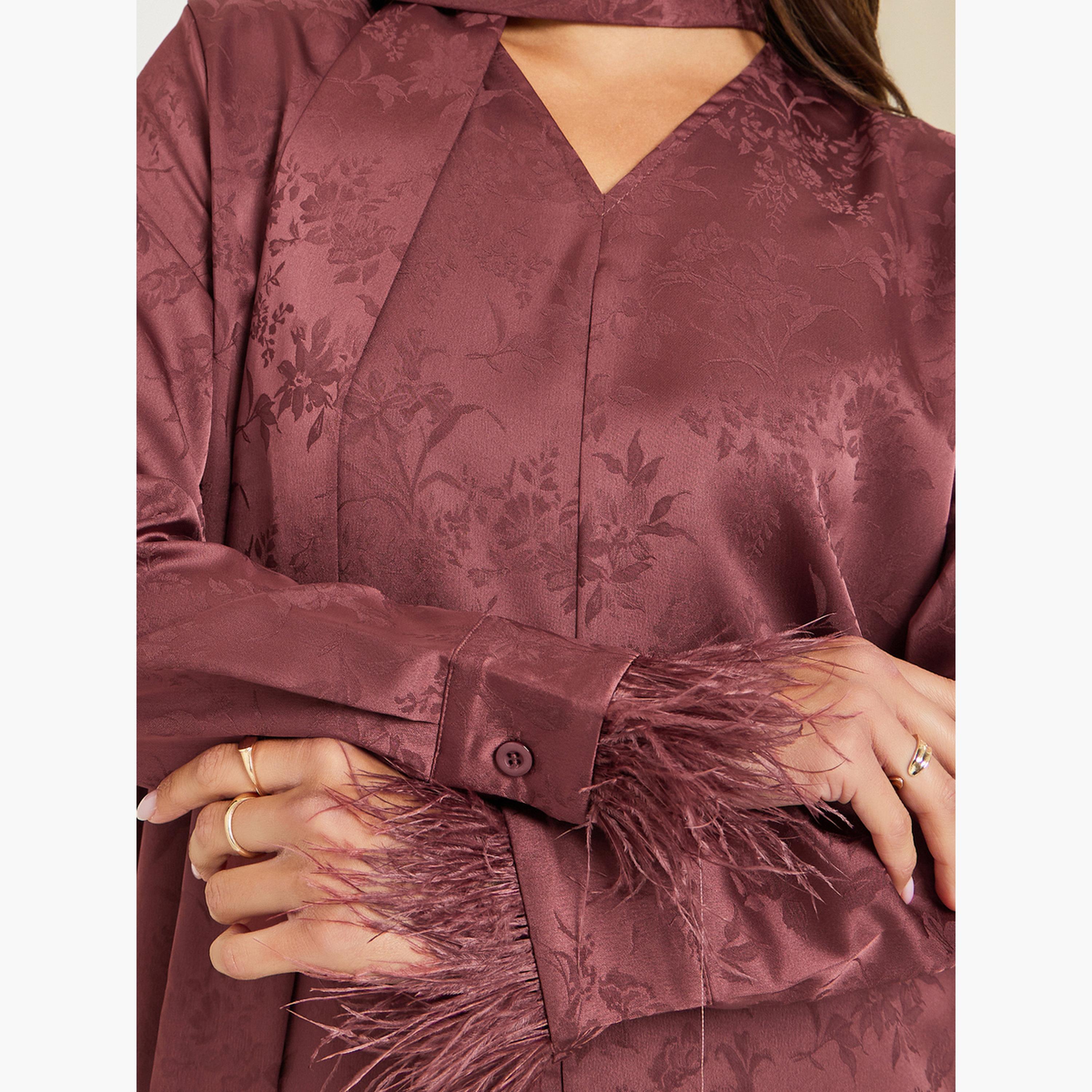بلوزة جاكار بنقشة زهور وتفاصيل وشاح-women-clothing-shirtsandblouses-blouses-image-3