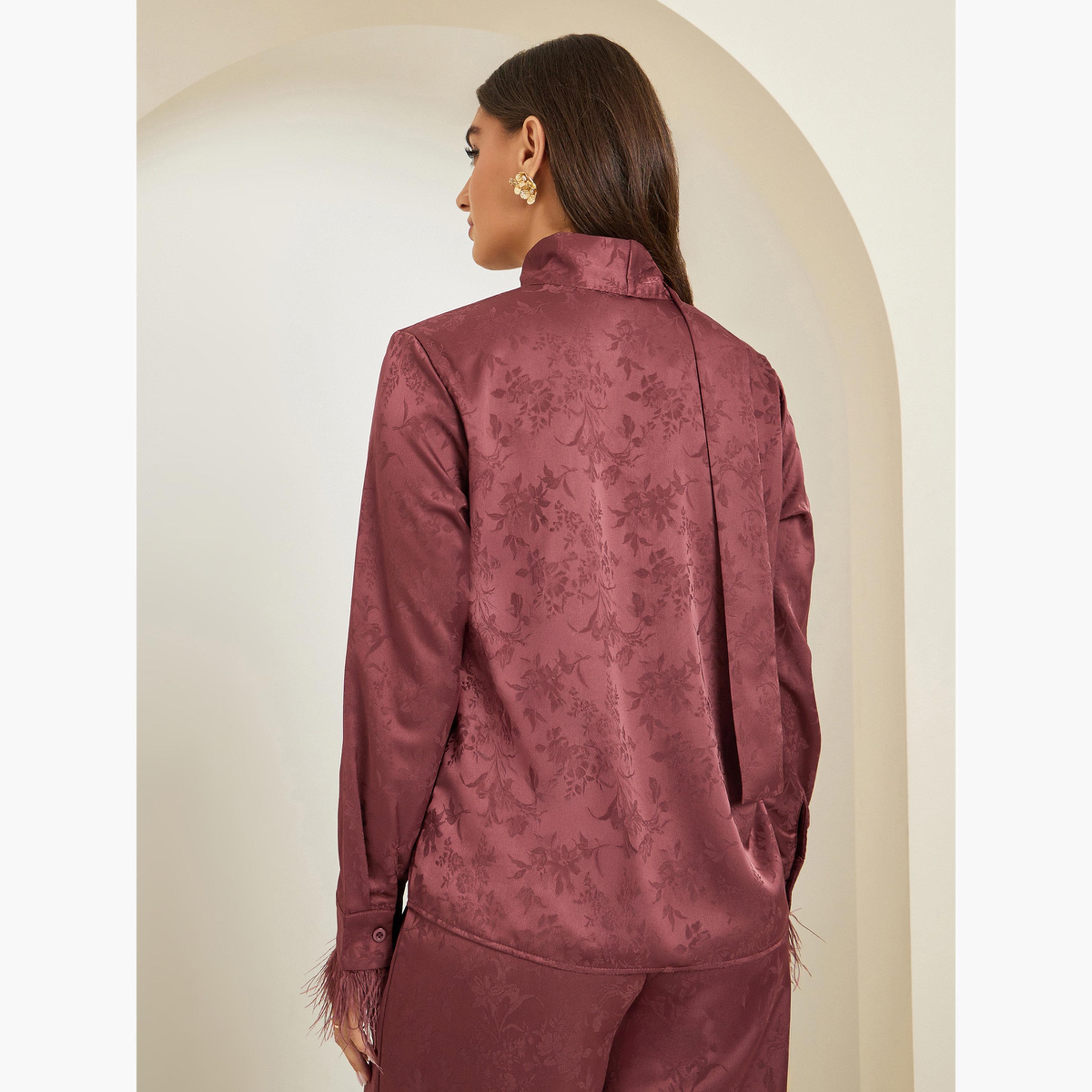 Styli Burgundy Floral Jacquard Blouse with Scarf Detail-women-clothing-shirtsandblouses-blouses-image-4