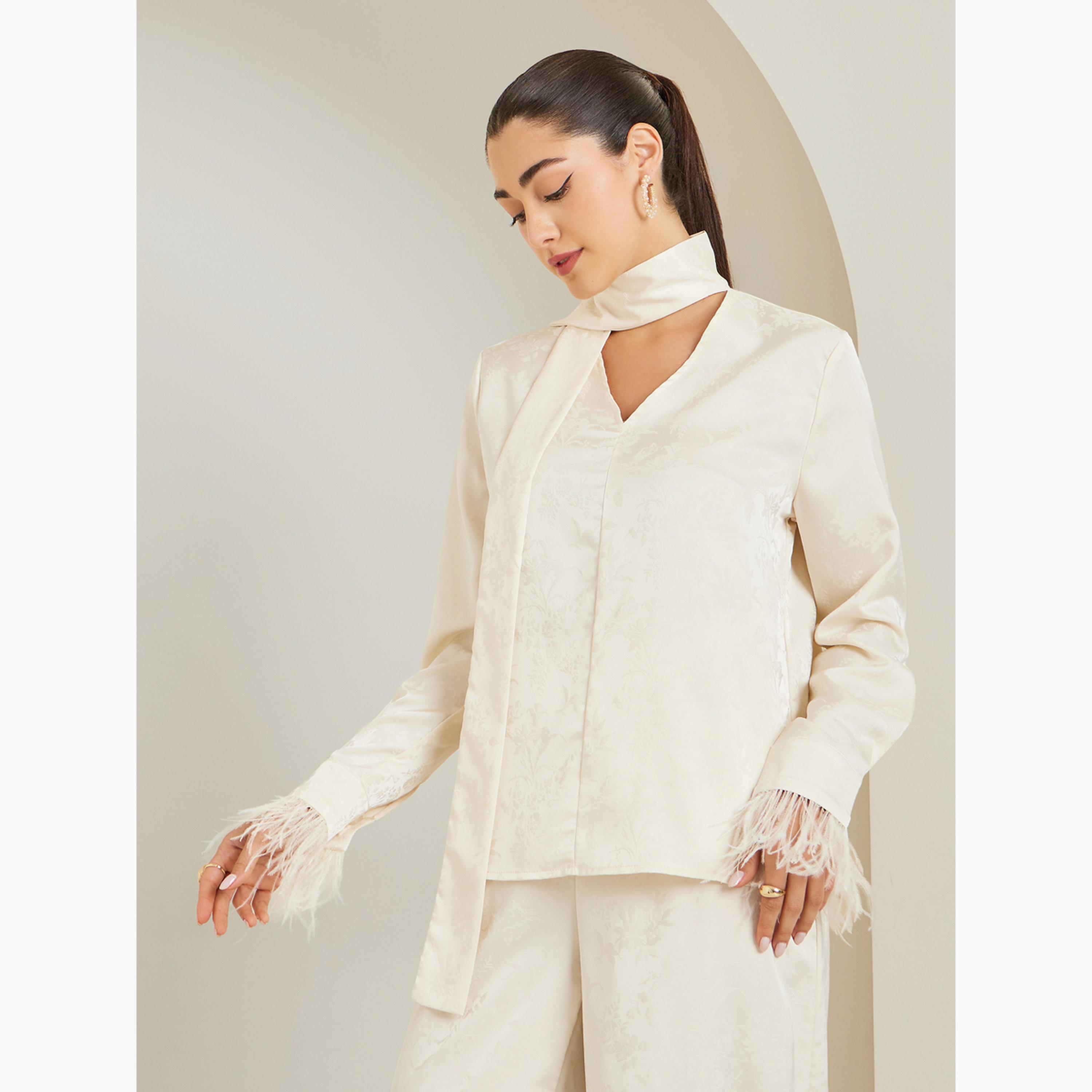 بلوزة سكري من جاكارد الزهور مع وشاح رقبة-women-clothing-shirtsandblouses-blouses-image-1