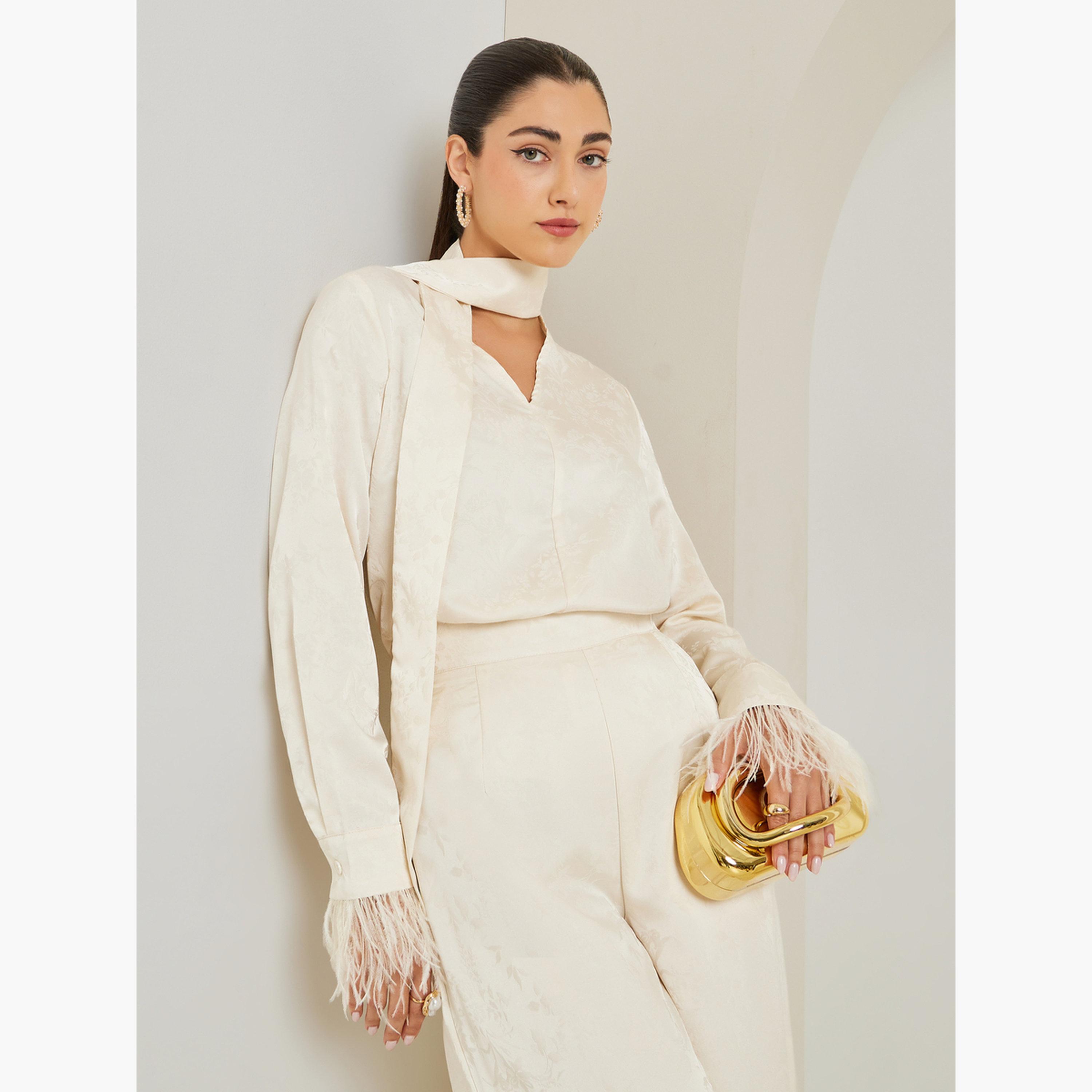 بلوزة سكري من جاكارد الزهور مع وشاح رقبة-women-clothing-shirtsandblouses-blouses-image-2