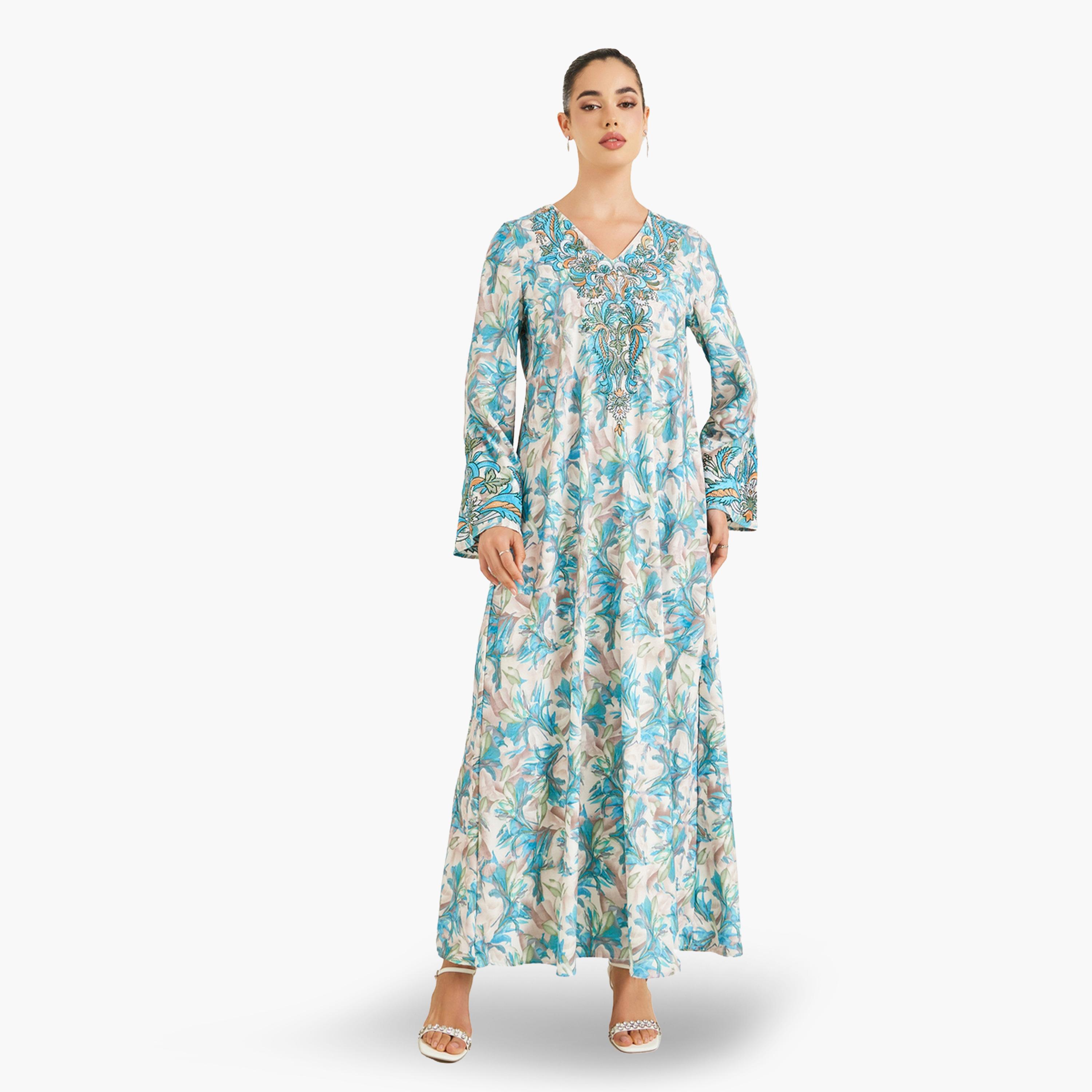 جلابية مُطرّزة بطبعة أزهار-women-arabicclothing-jalabiyas-image-1