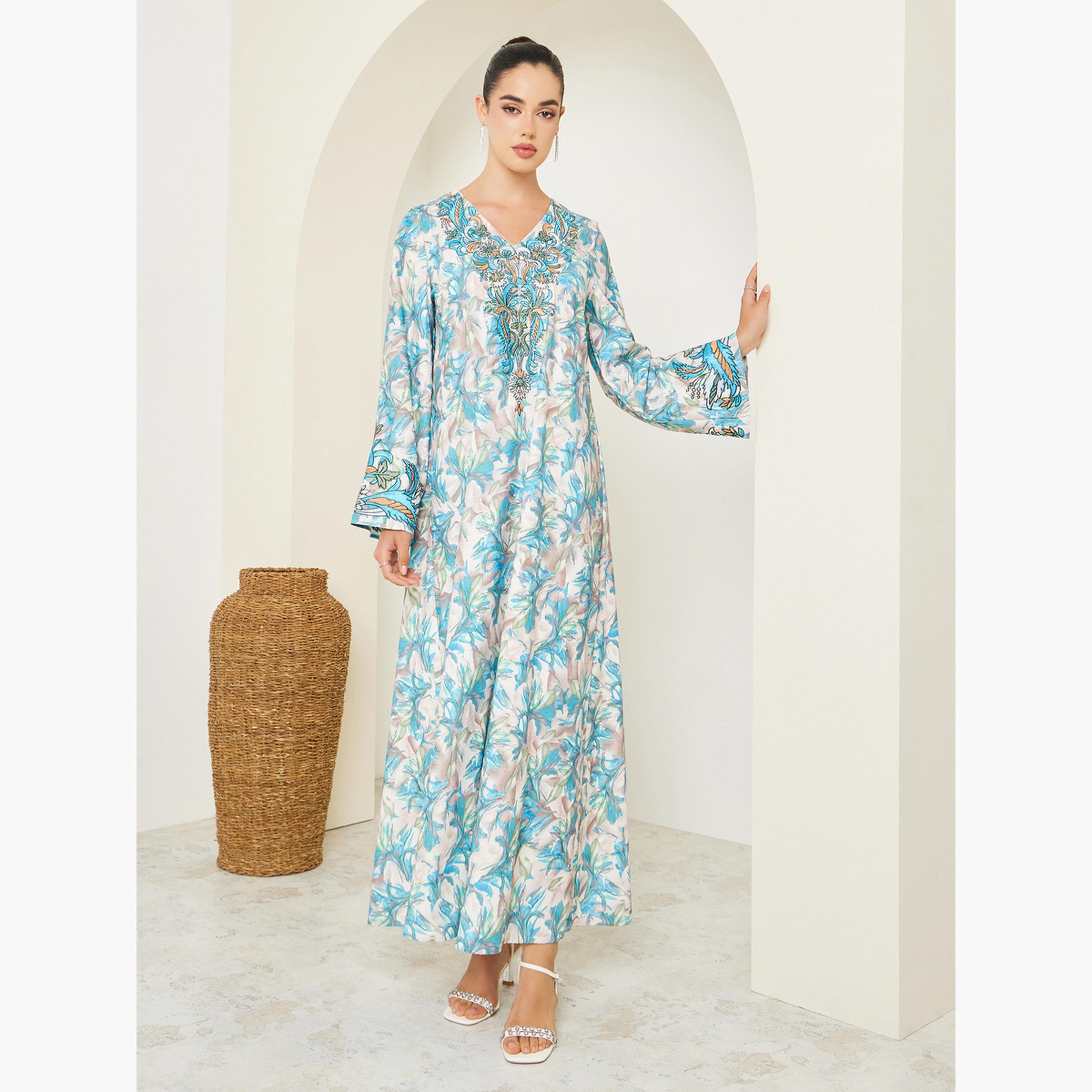 Styli Women Blue Floral Print Embroidered Jalabiya-women-arabicclothing-jalabiyas-image-2