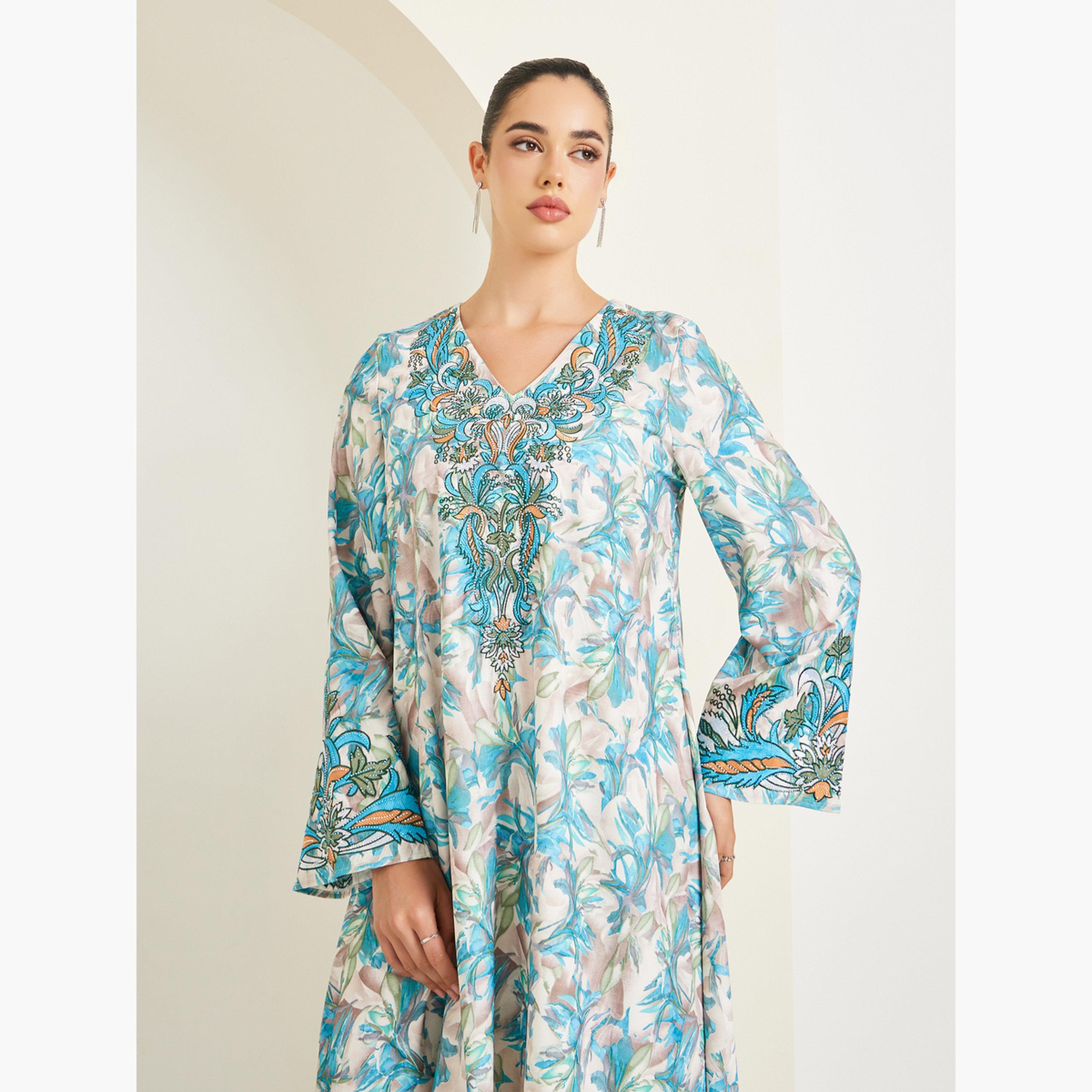 جلابية مُطرّزة بطبعة أزهار-women-arabicclothing-jalabiyas-image-3