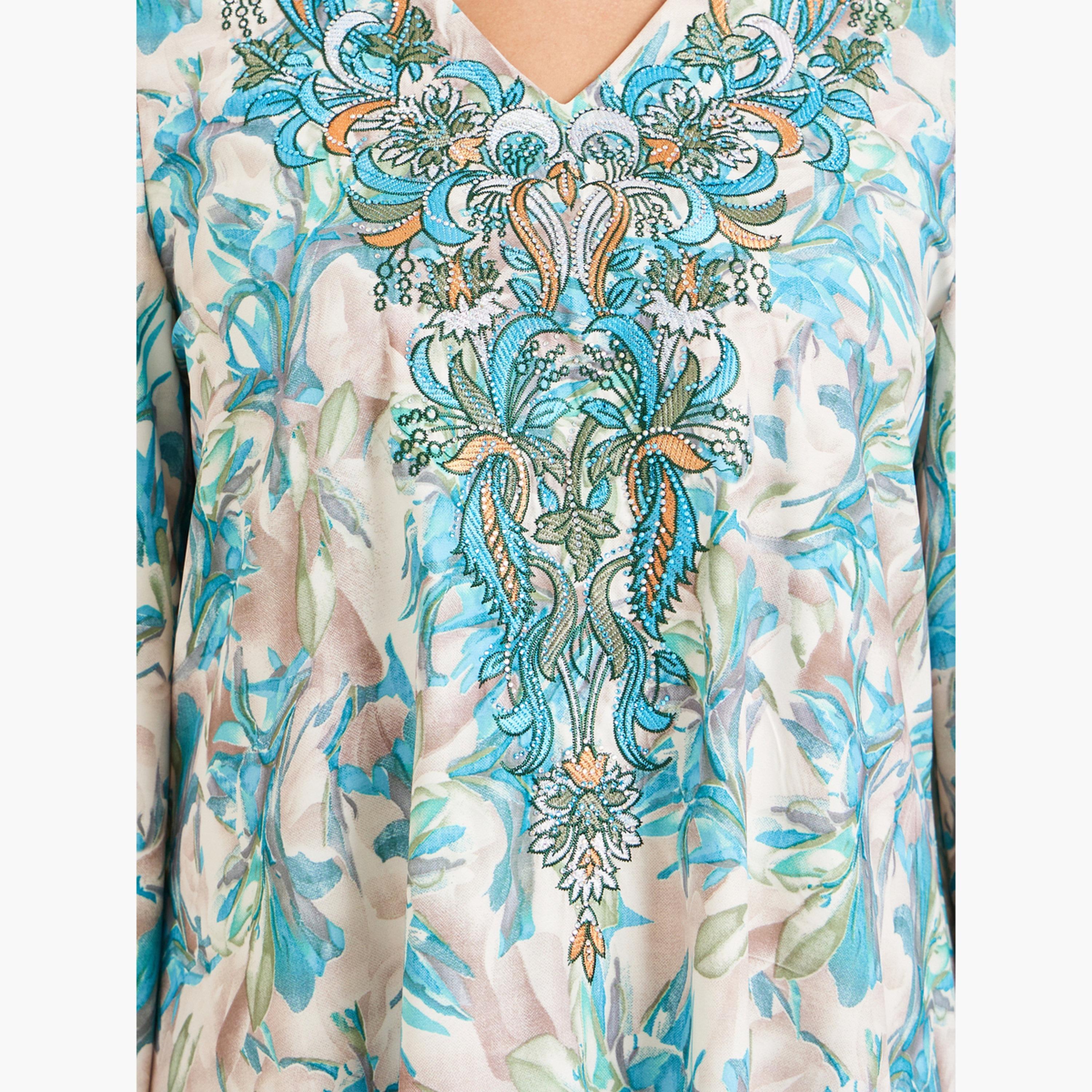Styli Women Blue Floral Print Embroidered Jalabiya-women-arabicclothing-jalabiyas-image-4