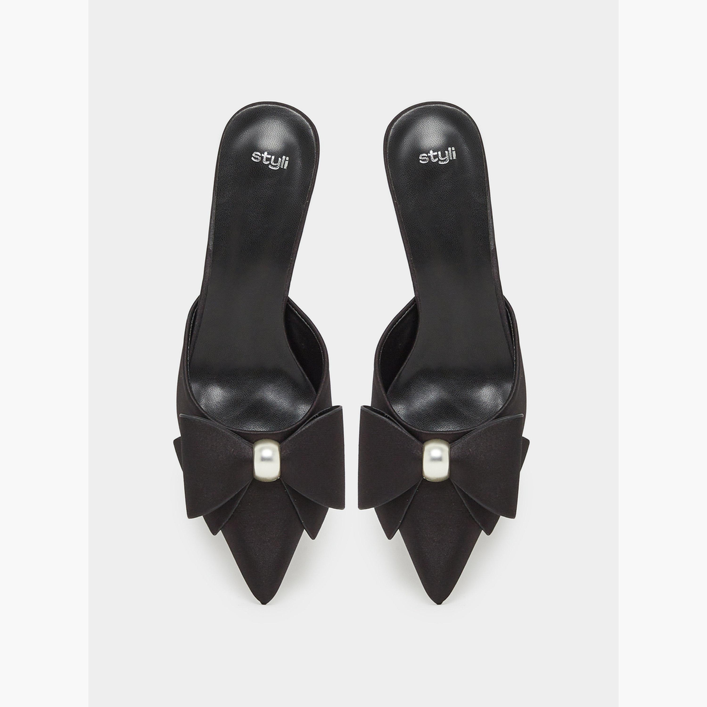 Styli Women Black Bow Trim Mules-women-shoes-heels-image-5