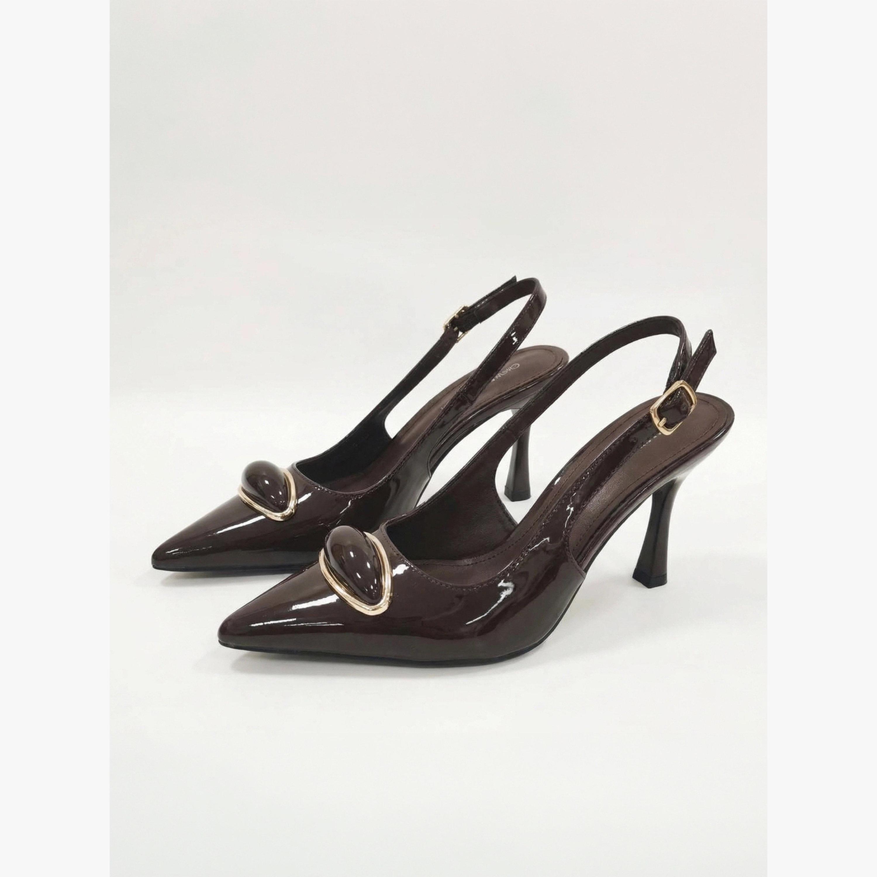 Styli Brown Metal Trim Slingback Shoes-women-shoes-heels-image-1